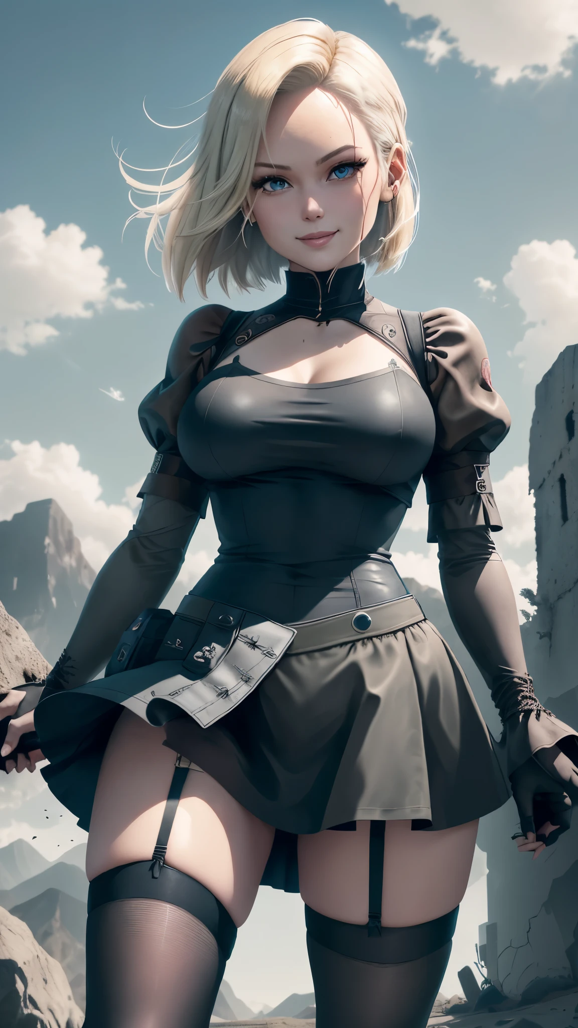 best quality, highres, and18, 1girl, android 18, solo girl, 1girl, blonde hair, blue eyes, nier automata, gothic-style short dress with a flared skirt, long puffy sleeves, black and white leotard, embroidery on the hem of skirt, black thigh high heels, black stockings, medium breasts, cowboy shot, mountains, straight-on, (weather: windy), wet body, sexy smile, combat stance, garter belt, battle ruins, wide hips, thick legs, long katana sword,