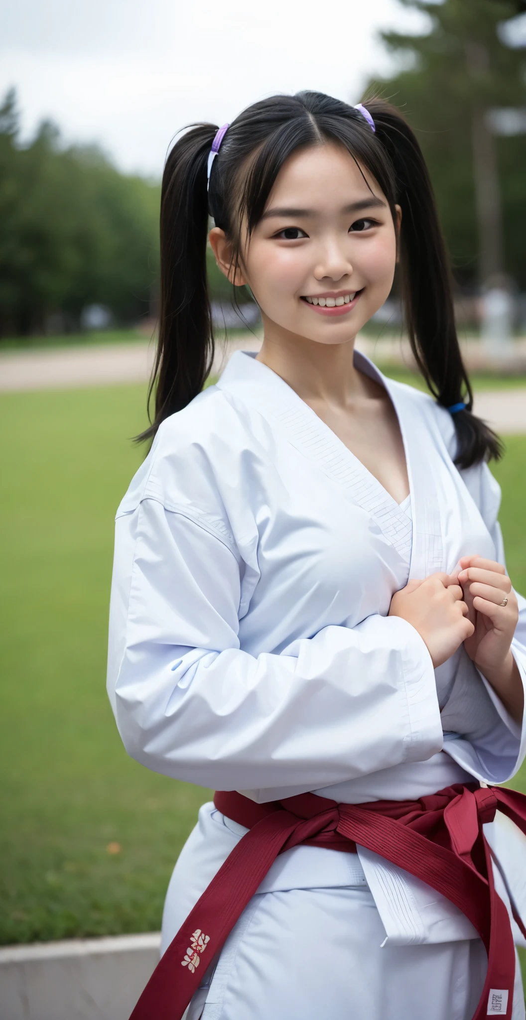 （8K、Raw photography、highest quality、masterpiece：1.2),(black haired、Two side up twin tails:1.5),show viewer,Looking at the front,erotic,白いskin,(wearing a karate kimono:1.7)、(dojo)、(Clothing that emphasizes the shape of your chest、publish one&#39;skin:1.6)、(big :1.5)、slim body shape、ultra high resolution,beautiful,beautiful fece,(alone, alone、no background:1.9),whole bodyボディー,japanese woman,（Photoreal：1.37）、photon mapping,reality、(Cute with a : 1.5)、(cute smile: 1.7)、(With a round face: 1.9)、radio city、Physically based rendering、depth of field rally background、photograph, (I can see your knees,close up of thighs:1.4),whole body、super fine