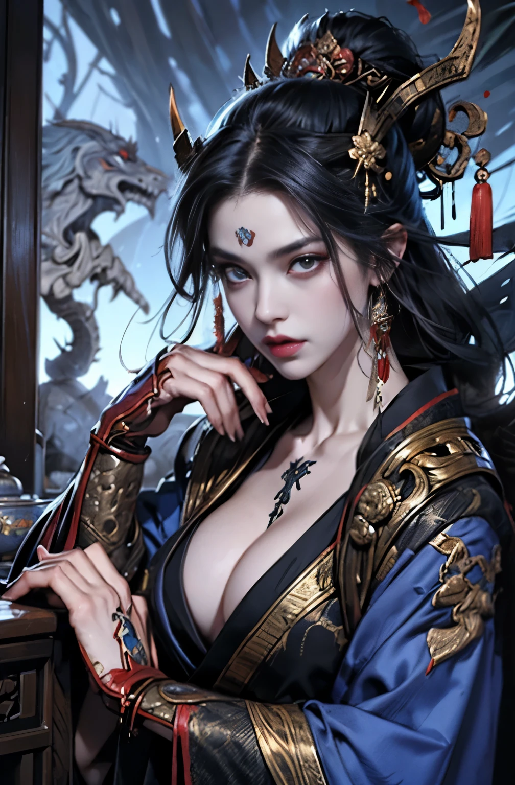 beautiful demon painting, Japanese swordを持った鬼の女, Japanese swordを振りかぶる鬼の女, strong female samurai, Japanese sword, Japanese sword, 抜身のJapanese sword, 長いJapanese sword, Japanese sword, Japanese sword, A skilled swordsman, female bodyguard, demon samurai, ２book corner, mouth with fangs, Eyes without pupils, gambling, Kumatori, Hyakka Ryōran, Flower of Shura, Looks like he&#39;s in his late 20s, beautiful black haired demon, sharp beauty, Beautiful red kimono, Dr. Moonlight, Oiran, highest ranking woman, Ghost Girl, Female Yakuza, Doji Ibaraki, Shuten Douji, Inspired by Chen Yifei, Inspired by Francesco Hayez, Inspired by Hendrik Terbruggen, Jean＝Works that influenced Auguste Dominique Ingres, Inspired by Liu Jun, Jean＝Works that influenced Auguste Dominique Ingres, highest quality, perfect angle, perfect composition, The perfect subject, best shot, official art, cinematic light, figurative art, Beautiful and expressive paintings, Beautiful artwork illustration, wonderful, cool beauty, clear, Mysterious, highest quality, official art, perfect composition, perfect angle, best shot, women only, sharp outline, pretty much beautiful face, The demon lurking in the darkness of Kyoto, Lord of Chimi-Mourou, A ruthless demon woman, demon queen, Female Yakuza, full body tattoo, wide, Rashomon, SakuraFubuki, Please refrain from, I&#39;ll let you die, raid