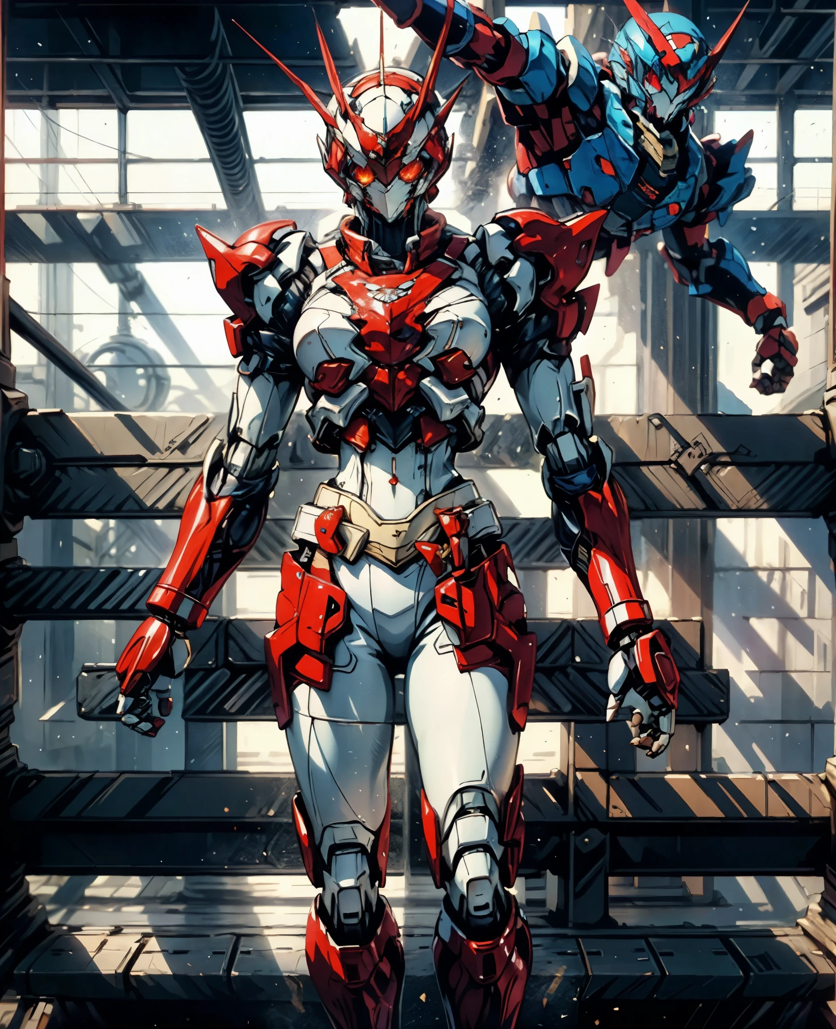 A woman adorned in fantasy-style full-body armor, a crown-concept fully enclosed helmet that unveils only her eyes, a composite layered chest plate, fully encompassing shoulder and hand guards, a lightweight waist armor, form-fitting shin guards, the overall design is heavy-duty yet flexible, (the armor gleams with a golden glow, complemented by red and blue accents), exhibiting a noble aura, she floats above a fantasy-surreal high-tech city, this character embodies a finely crafted fantasy-surreal style armored hero in anime style, exquisite and mature manga art style, (Spider Concept Armor, plasma, blood), ((Element, bio mecha, long legs, elegant, goddess, femminine:1.5)), metallic, high definition, best quality, highres, ultra-detailed, ultra-fine painting, extremely delicate, professional, anatomically correct, symmetrical face, extremely detailed eyes and face, high quality eyes, creativity, RAW photo, UHD, 32k, Natural light, cinematic lighting, masterpiece-anatomy-perfect, masterpiece:1.5