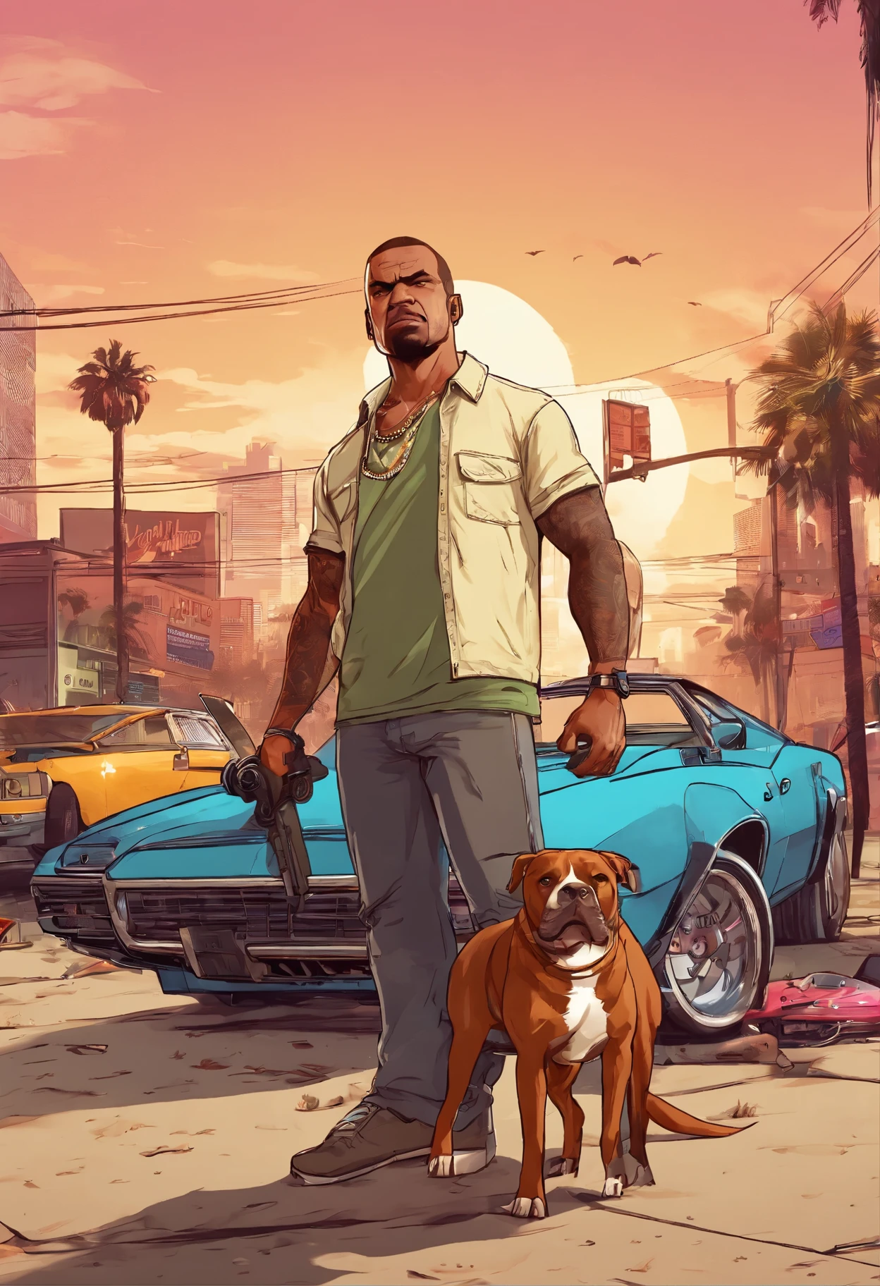 Graphismes 2D de l’écran de chargement GTAV, grand angle, tout le corps, homme noir debout , totalement vêtu de noir , cagoulé, tenant un pitbull marron blanc avec une chaîne en laisse Personnage GTA5, composition cinématographique, en face d’une ville, Nuanceur, éclairage cinématographique lumineux, contraste doux, Écran de chargement GTA5, art gta, fond d’écran 4k, Fond d’écran HQ 4K, Graphiques de l’écran de chargement de GTA,art, L’art des jeux Rockstar