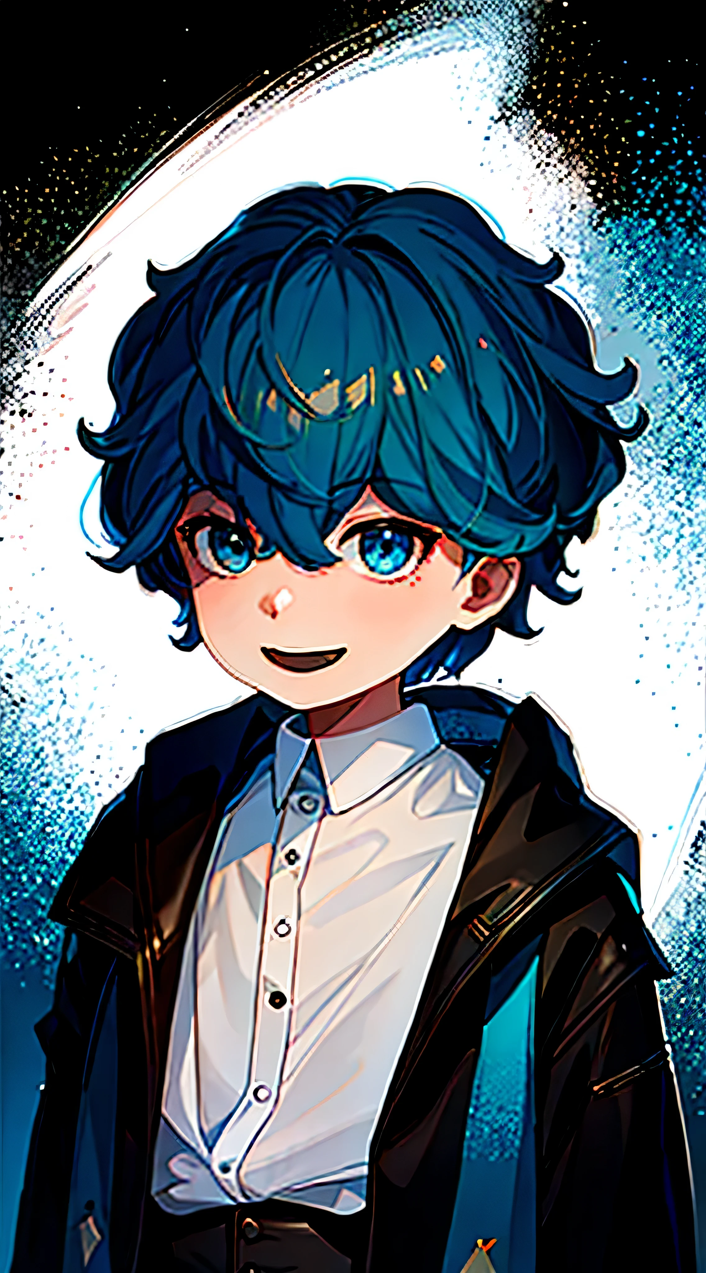 highest quality:1.3, Super detailed 8K CG, forward lighting, (Dark circles in the eyes), blue hair, juvenile, black long tail jacket, (black eye), white background, white shirt