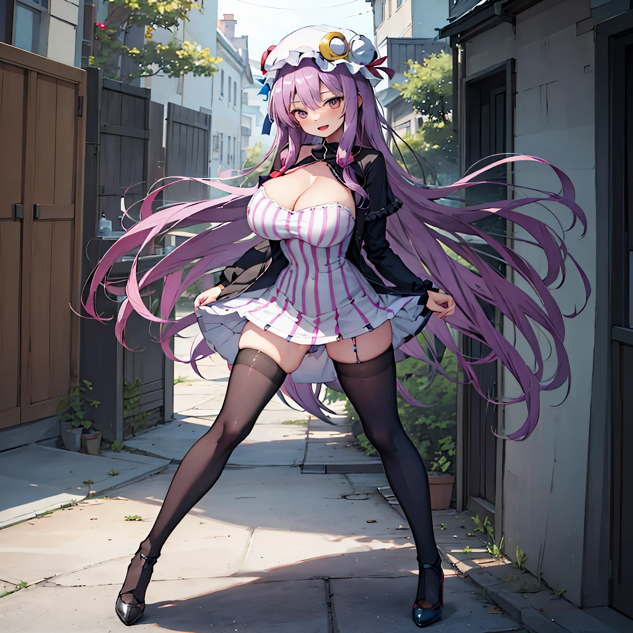 (Patchouli toho character), (standing at lakeside forest), outside, (standing with open legs wide:1.6), (arms behind back), (bending back), tiptoe, pigeon toed, BREAK, (disproportionately gigantic huge breasts:1.2), cleavage, inconceivably thin waist, very short torso, (thin long legs apart:1.23, BREAK, very short miniskirt, thigh gap, (black thighhighs:1.2), highheels, BREAK, smile for viewer, open mouth, nose blush, full body, (pussy juice)