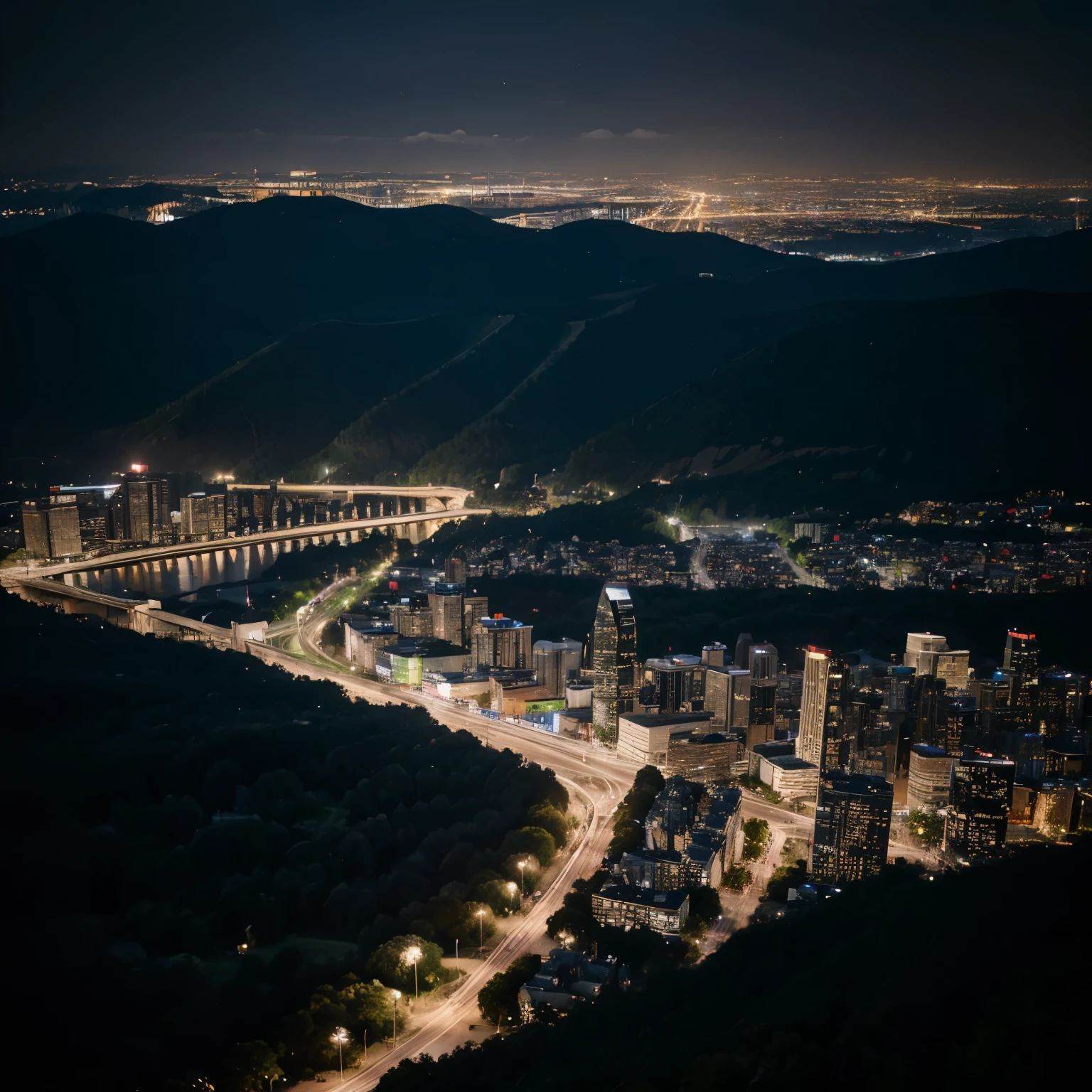 Capital city, 4k, hills, forest, coastline, city, night