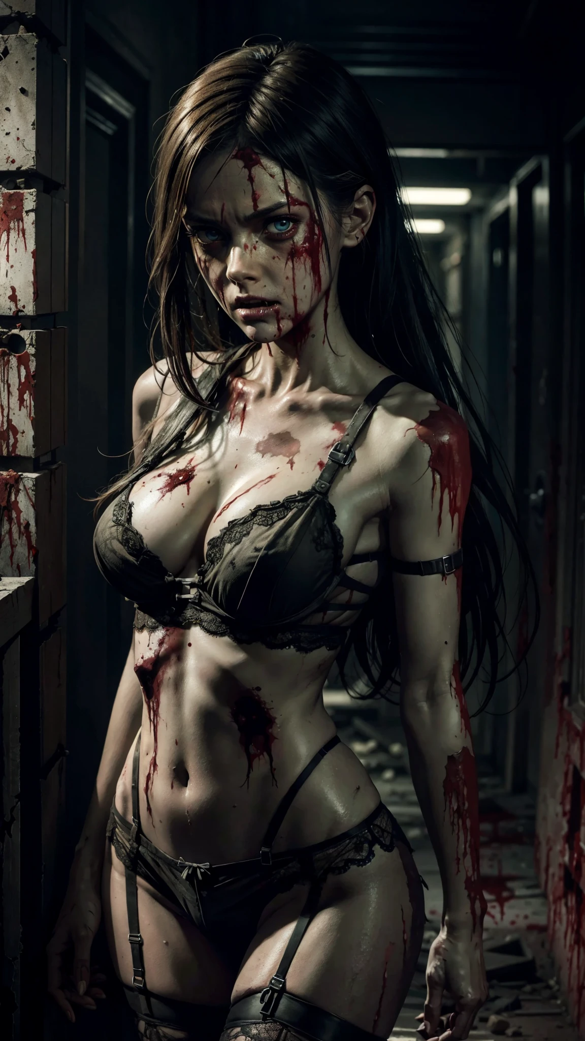 a zombie girl, The Walking Dead series style, extremely detailed and realistic, always repeating the same face, always repeating the same appearance, always repeating the same proportions, always repeating the same clothes, always repeating the same marks and wounds on the skin, alone , full body, front lighting, deteriorated eyes, wearing lingerie, dirty and bloody lingerie