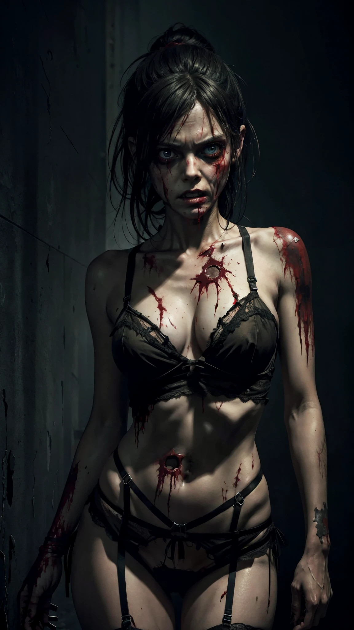 a zombie girl, The Walking Dead series style, extremely detailed and realistic, always repeating the same face, always repeating the same appearance, always repeating the same proportions, always repeating the same clothes, always repeating the same marks and wounds on the skin, alone , full body, front lighting, deteriorated eyes, wearing lingerie, dirty and bloody lingerie