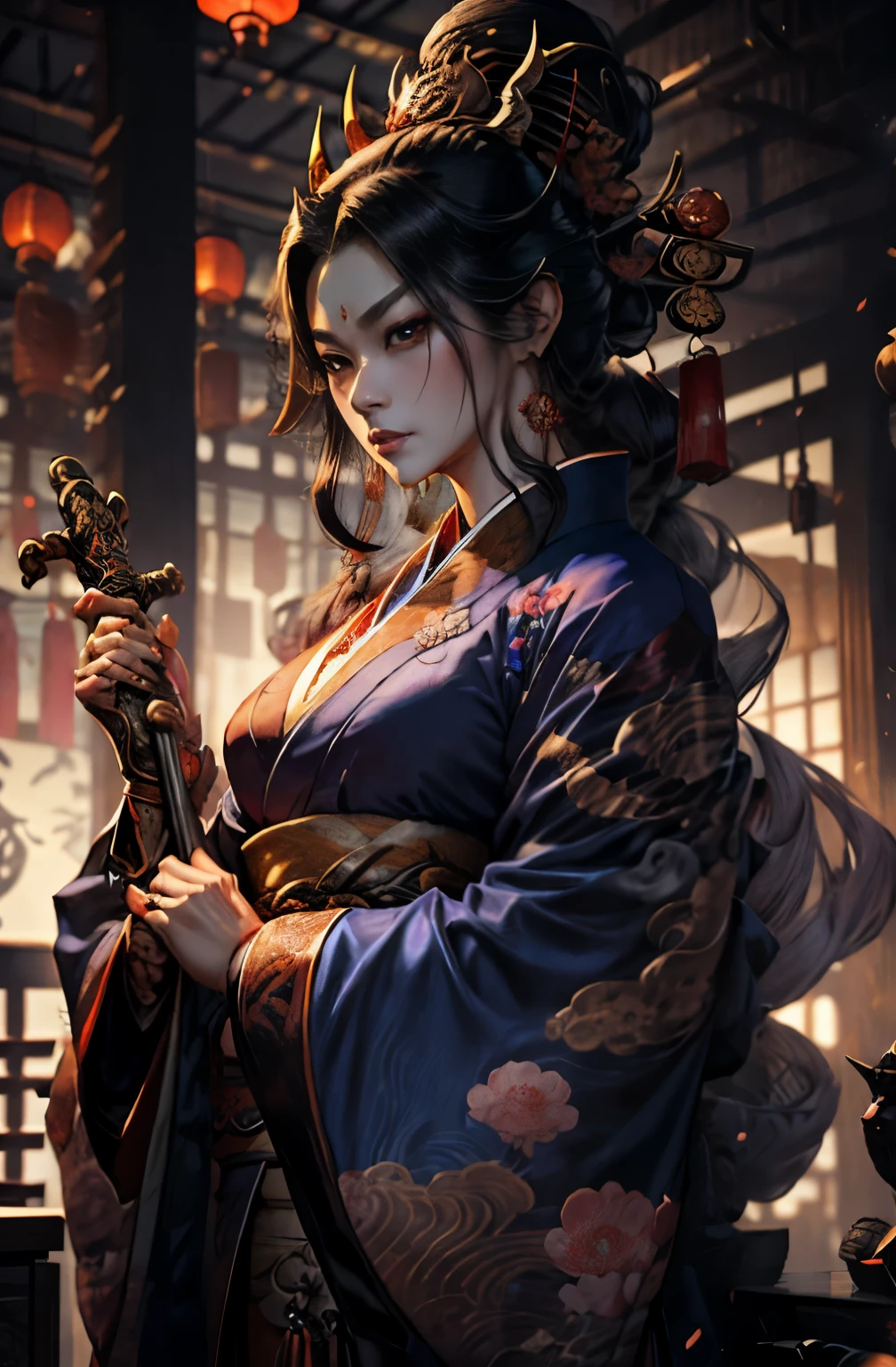 beautiful demon painting, Demon woman with a metal rod, demon woman with a sword, strong female samurai, ２book corner, mouth with fangs, Eyes without pupils, gambling, Kumatori, Hyakka Ryōran, Flower of Shura, Looks like he&#39;s in his late 20s, beautiful black haired demon, sharp beauty, Beautiful red kimono, Oiran, highest ranking woman, Ghost Girl, 凶暴なFemale Yakuza, Unparalleled ferocity, Extremely unethical, Doji Ibaraki, Shuten Douji, Inspired by Chen Yifei, Inspired by Francesco Hayez, Inspired by Hendrik Terbruggen, Jean＝Works that influenced Auguste Dominique Ingres, Inspired by Liu Jun, Jean＝Works that influenced Auguste Dominique Ingres, highest quality, perfect angle, perfect composition, The perfect subject, best shot, official art, cinematic light, figurative art, Beautiful and expressive paintings, Beautiful artwork illustration, wonderful, cool beauty, clear, Mysterious, highest quality, official art, perfect composition, perfect angle, best shot, women only, sharp outline, pretty much beautiful face, The demon lurking in the darkness of Kyoto, Lord of Chimi-Mourou, A ruthless demon woman, demon queen, Female Yakuza, full body tattoo, wide, Rashomon, SakuraFubuki, Please refrain from, I&#39;ll let you die, raid, woman&#39;s asura, spirits, Hero, divine power, demon of strength, demon&#39;s strength, inhuman power, Unrivaled strength