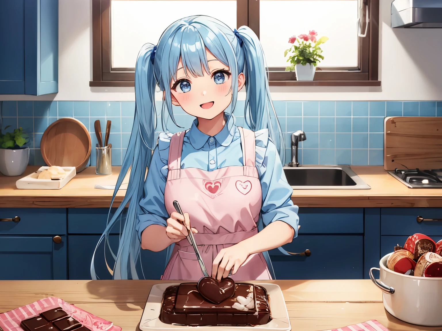 pink bow, long hair, blue eyes, double bun, purple bow, Blue Hair, Twin tails, Hair between the eyes, hair bow, eyebrows visible through hair, Highest quality, (masterpiece:1.2), Very detailed, (masterpiece), (figure),indoor, kitchen,Are standing, Upper Body,Light blue apron, face focus:1.2), face, (from the front:1.2),Stay, clavicle, Flat Chest,naked,胸に1boy face,Licking chocolate,tongue,nipple,hetero