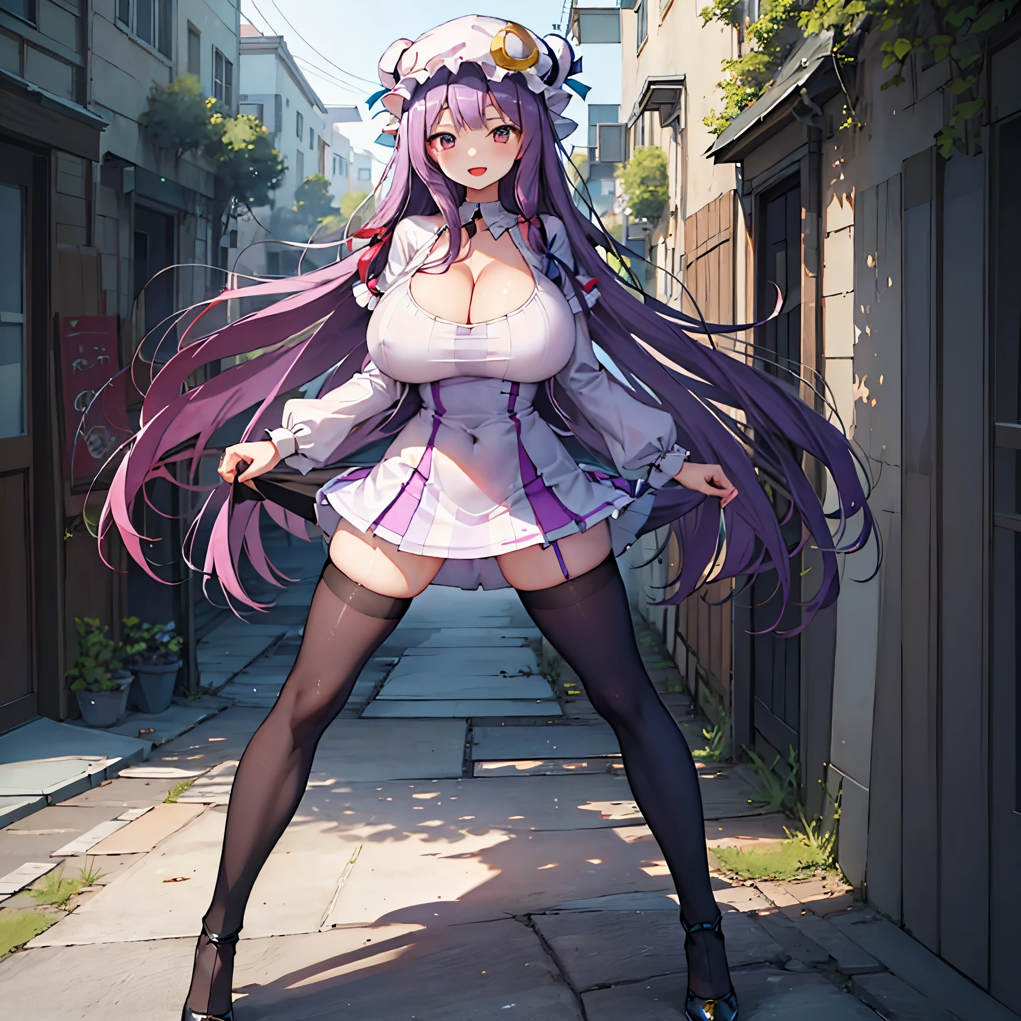 (Patchouli toho character), (standing at lakeside forest), outside, (standing with open legs wide:1.6), (arms behind back), (bending back), tiptoe, pigeon toed, BREAK, (disproportionately gigantic huge breasts:1.2), cleavage, inconceivably thin waist, very short torso, (thin long legs apart:1.23, BREAK, very short miniskirt, thigh gap, (black thighhighs:1.2), highheels, BREAK, smile for viewer, open mouth, nose blush, full body, (pussy juice)