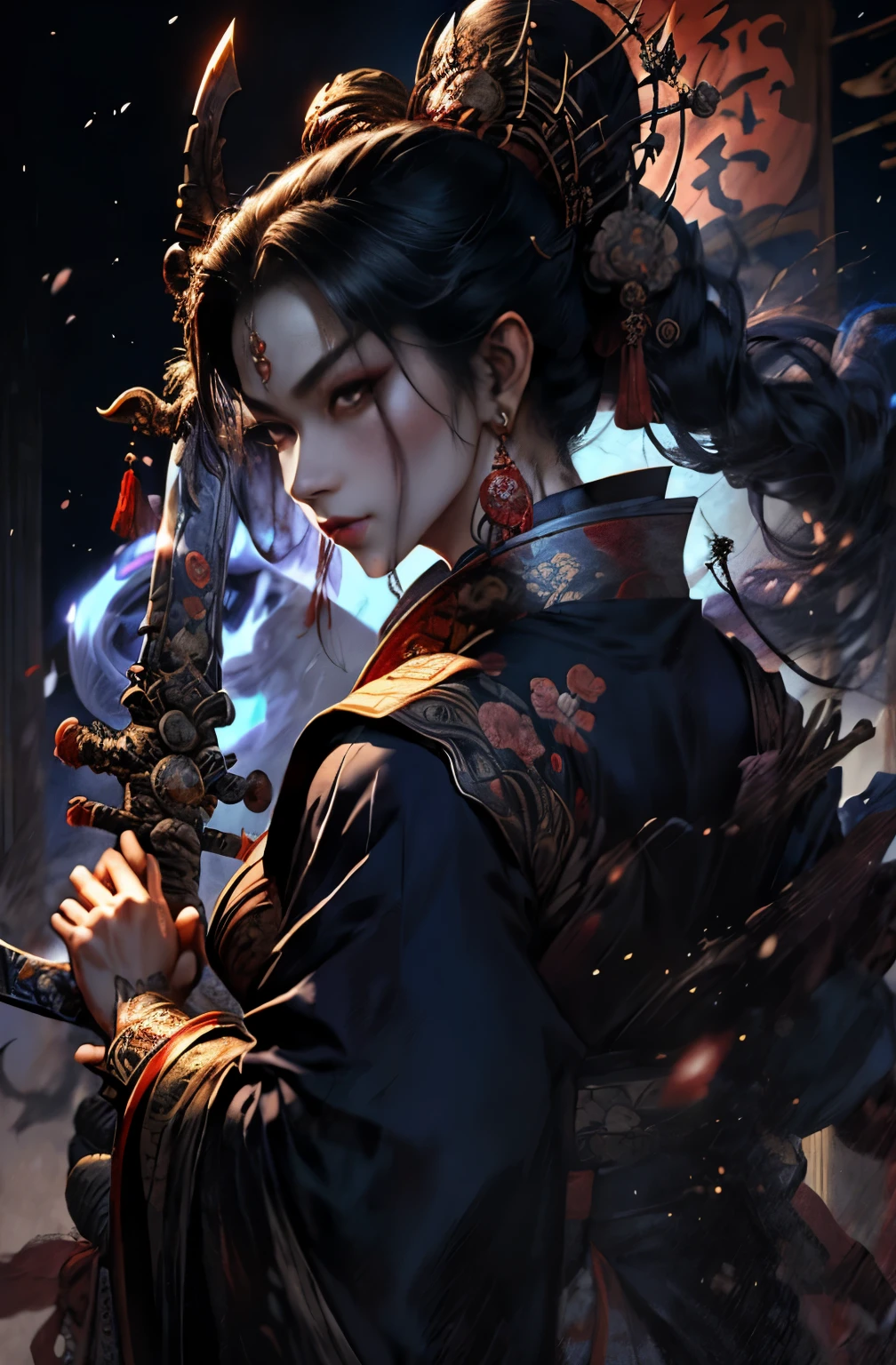 beautiful demon painting, demon woman with a sword, demon woman with a sword, strong female samurai, 2book corner, mouth with fangs, Eyes without pupils, gambling, Kumatori, Hyakka Ryōran, Flower of Shura, Looks like he's in his late 20s, beautiful black haired demon, sharp beauty, Beautiful red kimono, Dr. Moonlight, Oiran, highest ranking woman, Ghost Girl, Female Yakuza, Doji Ibaraki, Shuten Douji, Inspired by Chen Yifei, Inspired by Francesco Hayez, Inspired by Hendrik Terbruggen, Jean=Works that influenced Auguste Dominique Ingres, Inspired by Liu Jun, Jean=Works that influenced Auguste Dominique Ingres, highest quality, perfect angle, perfect composition, The perfect subject, best shot, official art, cinematic light, figurative art, Beautiful and expressive paintings, Beautiful artwork illustration, wonderful, cool beauty, clear, Mysterious, highest quality, official art, perfect composition, perfect angle, best shot, women only, sharp outline, pretty much beautiful face, The demon lurking in the darkness of Kyoto, Lord of Chimi-Mourou, A ruthless demon woman, demon queen, Female Yakuza, full body tattoo, wide, Rashomon, SakuraFubuki, Please refrain from, I'll let you die, raid, woman's asura, spirits, Hero, divine power, demon of strength, demon's strength, inhuman power, Unrivaled strength, Showa Zanpakuden