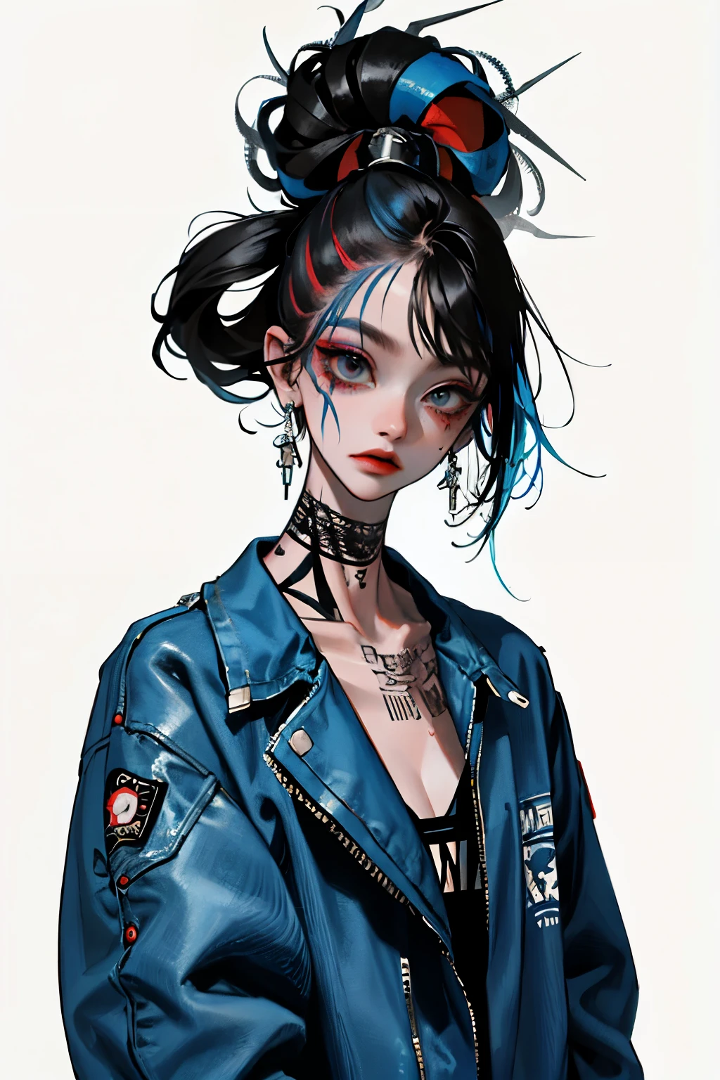 (masterpiece: 1.2, best quality), (real picture, intricate details), (1lady, solo, upper body, big tits) Clothing: sharp, stylish, cool, fashionable, non-standard, avant-garde, experimental Appearance: shaved head or bold hair color, spectacular makeup, unconventional fashion choices, tattoos on the arms Behavior: rebellious, non-conformist, provocative Venue: Urban Art District, Underground Music Scene Hobbies: attending punk shows, creating art in mixed media, experimenting with different subcultures Values: individuality, authenticity, creative expression Sources of inspiration: punk rock, counterculture icons, avant-garde art movements Character traits: bold, daring, non-standard.