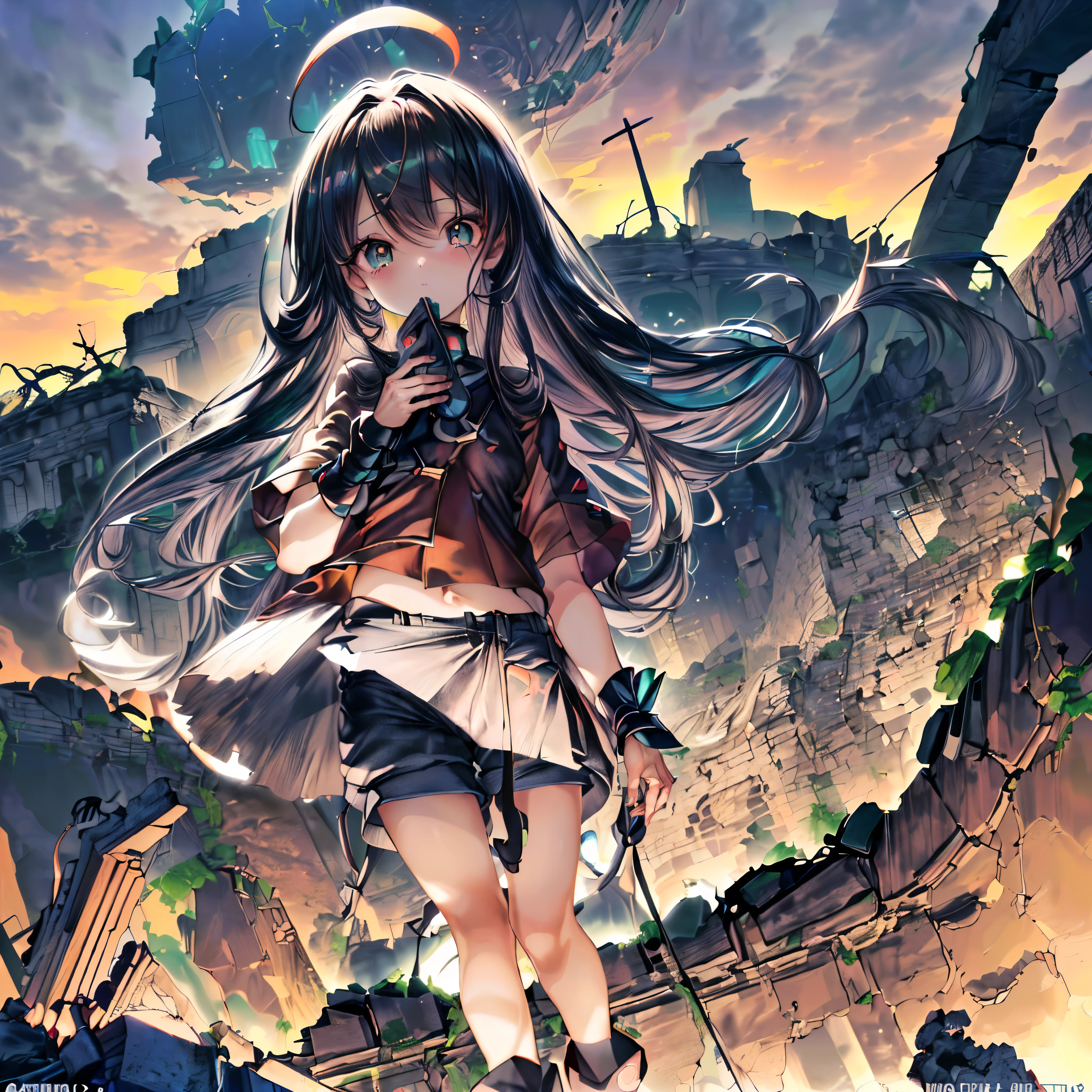 ((ultra-detalhado)), (maximum quality),((obra de arte)), ((Super emocionante)), ((8k)), ((EXTREMAMENTE CLARO)), ((Muito sofisticado)), ((Anime graphics)) ((Qualidade de anime)), ((anime illustration)), ((fundo brilhante)), ((rembrandt lighting)), ((pele brilhante)), ((3D)), ((tronco)), ((Anatomia perfeita)), ((Sozinho)), ((olhos de qualidade de anime)), ((Uma elfa:1.5)), ((Fantasia)) ((Ruins background:1.5)), ((olhos azuis)), ((olhos puxados)), ((long eyelashes)), ((sobrancelhas finas)), ((corpo esguio)), ((cabelo loiro)), ((ahoge)), ((Caudas duplas:1.5)), (hair elastic), (Olhe para os espectadores), (corar), (capa:1.5), ((botas pretas de cano alto1.5)), (meias altas:1.4), (pano verde), ((pano sem mangas:1.5)), (short pants:1.5), (Cintos para pernas:1.5), (cinto corporal1.5), ((Cinto peitoral:1.5)) ((envergonhado)), ((Olhe de cima)), olhos detalhados