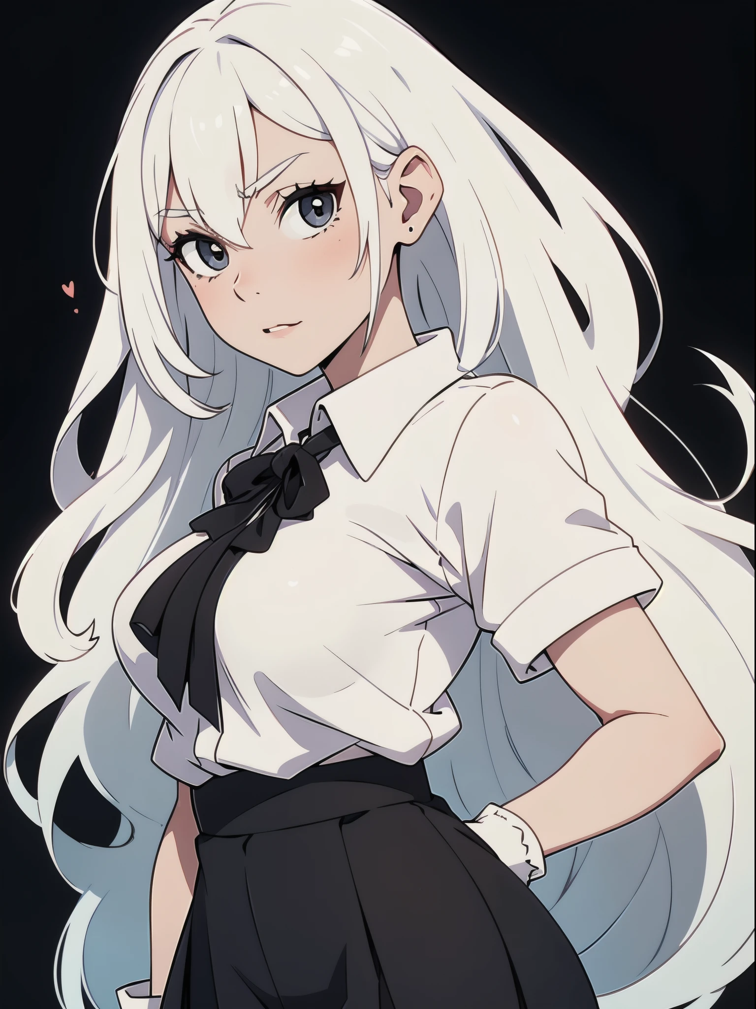 ((White hair)),((Head and Shoulders Image)),(super-long hair),Sexy,A person,Alone,Simple style,pancake ,Simple details,Black background,Empty background,Black background wall,(20 year old woman),(Droopy hair),(White Gloves),Puffy skirt,(Lace Shirt),Lace,(confidence)