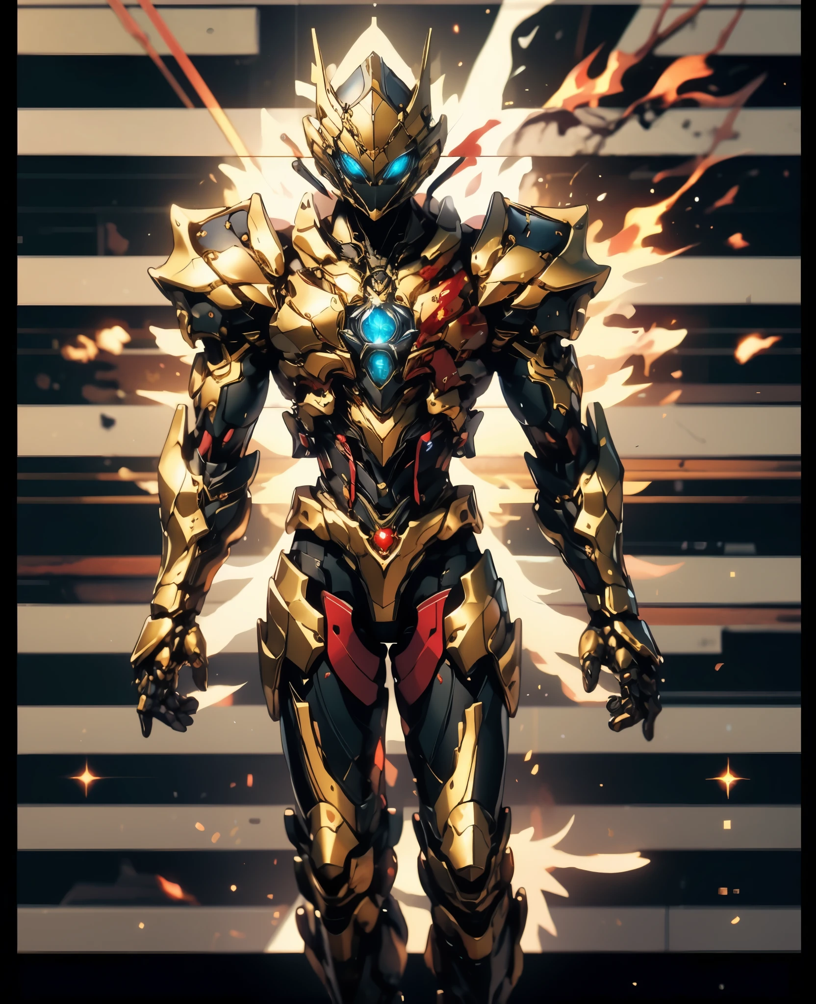 A woman adorned in fantasy-style full-body armor, a crown-concept fully enclosed helmet that unveils only her eyes, a composite layered chest plate, fully encompassing shoulder and hand guards, a lightweight waist armor, form-fitting shin guards, the overall design is heavy-duty yet flexible, (the armor gleams with a golden glow, complemented by red and blue accents), exhibiting a noble aura, she floats above a fantasy-surreal high-tech city, this character embodies a finely crafted fantasy-surreal style armored hero in anime style, exquisite and mature manga art style, (Spider Concept Armor, plasma, blood), ((Element, bio mecha, long legs, elegant, goddess, femminine:1.5)), metallic, high definition, best quality, highres, ultra-detailed, ultra-fine painting, extremely delicate, professional, anatomically correct, symmetrical face, extremely detailed eyes and face, high quality eyes, creativity, RAW photo, UHD, 32k, Natural light, cinematic lighting, masterpiece-anatomy-perfect, masterpiece:1.5