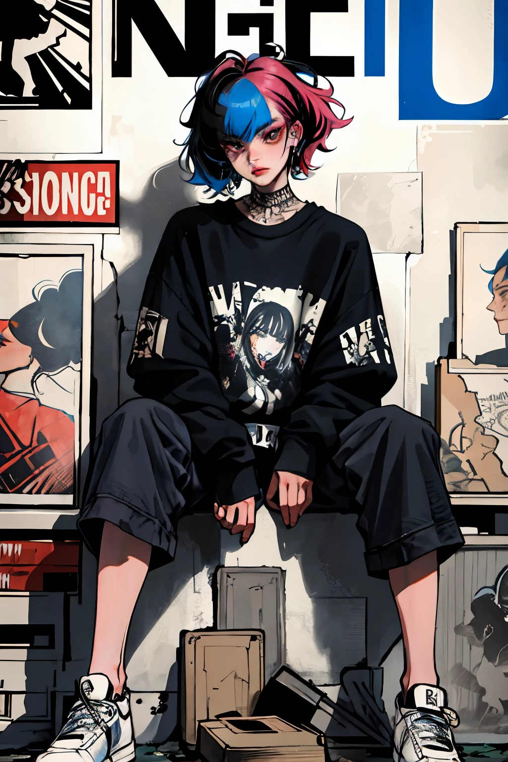 (masterpiece: 1.2, best quality), (real picture, intricate details), (1lady, solo, upper body, big tits) Clothing: sharp, stylish, cool, fashionable, non-standard, avant-garde, experimental Appearance: shaved head or bold hair color, spectacular makeup, unconventional fashion choices, tattoos on the arms Behavior: rebellious, non-conformist, provocative Venue: Urban Art District, Underground Music Scene Hobbies: attending punk shows, creating art in mixed media, experimenting with different subcultures Values: individuality, authenticity, creative expression Sources of inspiration: punk rock, counterculture icons, avant-garde art movements Character traits: bold, daring, non-standard.
