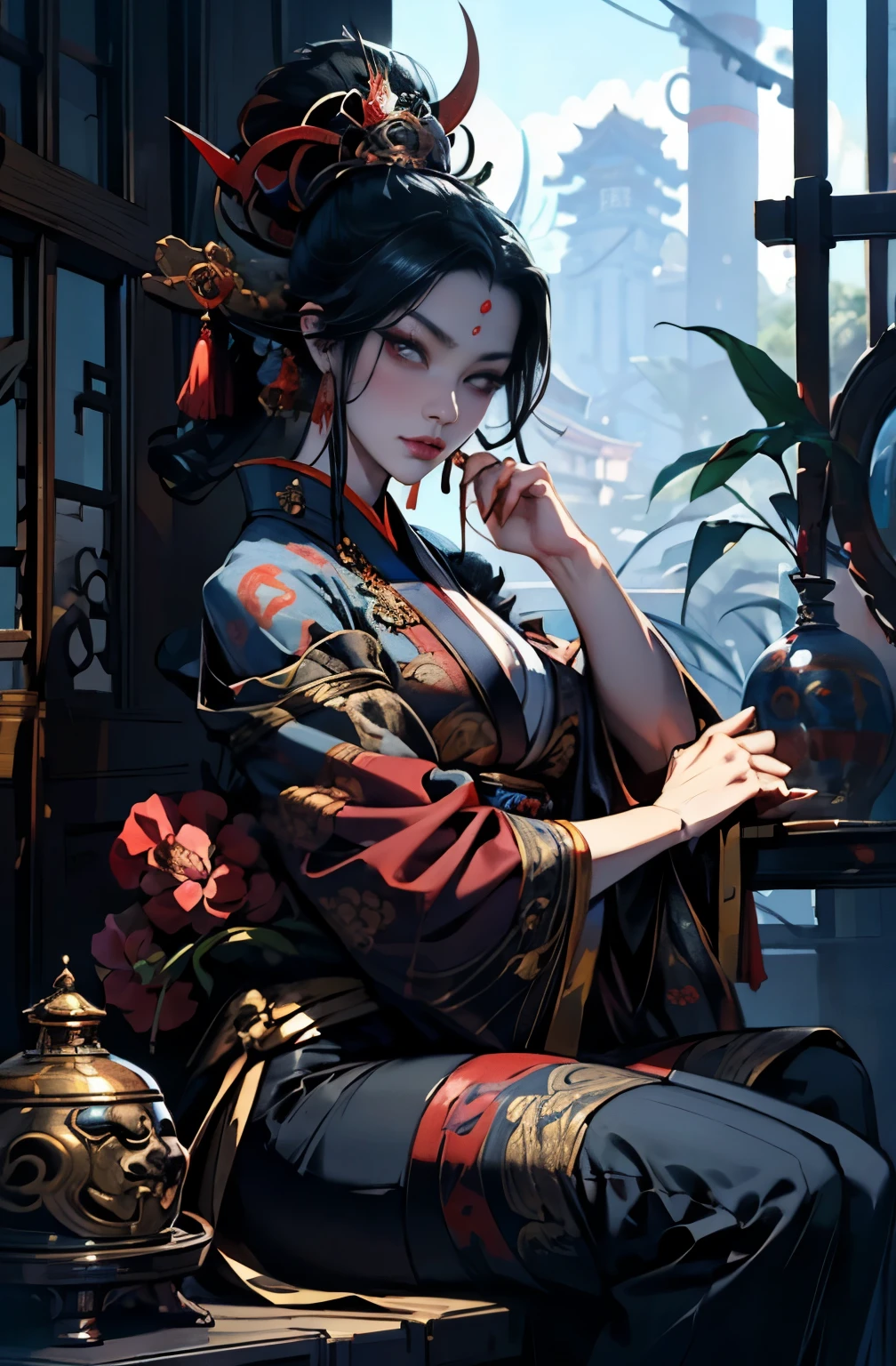 beautiful demon painting, demon woman with a sword, demon woman with a sword, strong female samurai, 2book corner, mouth with fangs, Eyes without pupils, gambling, Kumatori, Hyakka Ryōran, Flower of Shura, Looks like he's in his late 20s, beautiful black haired demon, sharp beauty, Beautiful red kimono, Oiran, highest ranking woman, Ghost Girl, Female Yakuza, Doji Ibaraki, Shuten Douji, Inspired by Chen Yifei, Inspired by Francesco Hayez, Inspired by Hendrik Terbruggen, Jean=Works that influenced Auguste Dominique Ingres, Inspired by Liu Jun, Jean=Works that influenced Auguste Dominique Ingres, highest quality, perfect angle, perfect composition, The perfect subject, best shot, official art, cinematic light, figurative art, Beautiful and expressive paintings, Beautiful artwork illustration, wonderful, cool beauty, clear, Mysterious, highest quality, official art, perfect composition, perfect angle, best shot, women only, sharp outline, pretty much beautiful face, The demon lurking in the darkness of Kyoto, Lord of Chimi-Mourou, A ruthless demon woman, demon queen, Female Yakuza, full body tattoo, wide, Rashomon, SakuraFubuki, Please refrain from, I'll let you die, raid, woman's asura, spirits, Hero, divine power