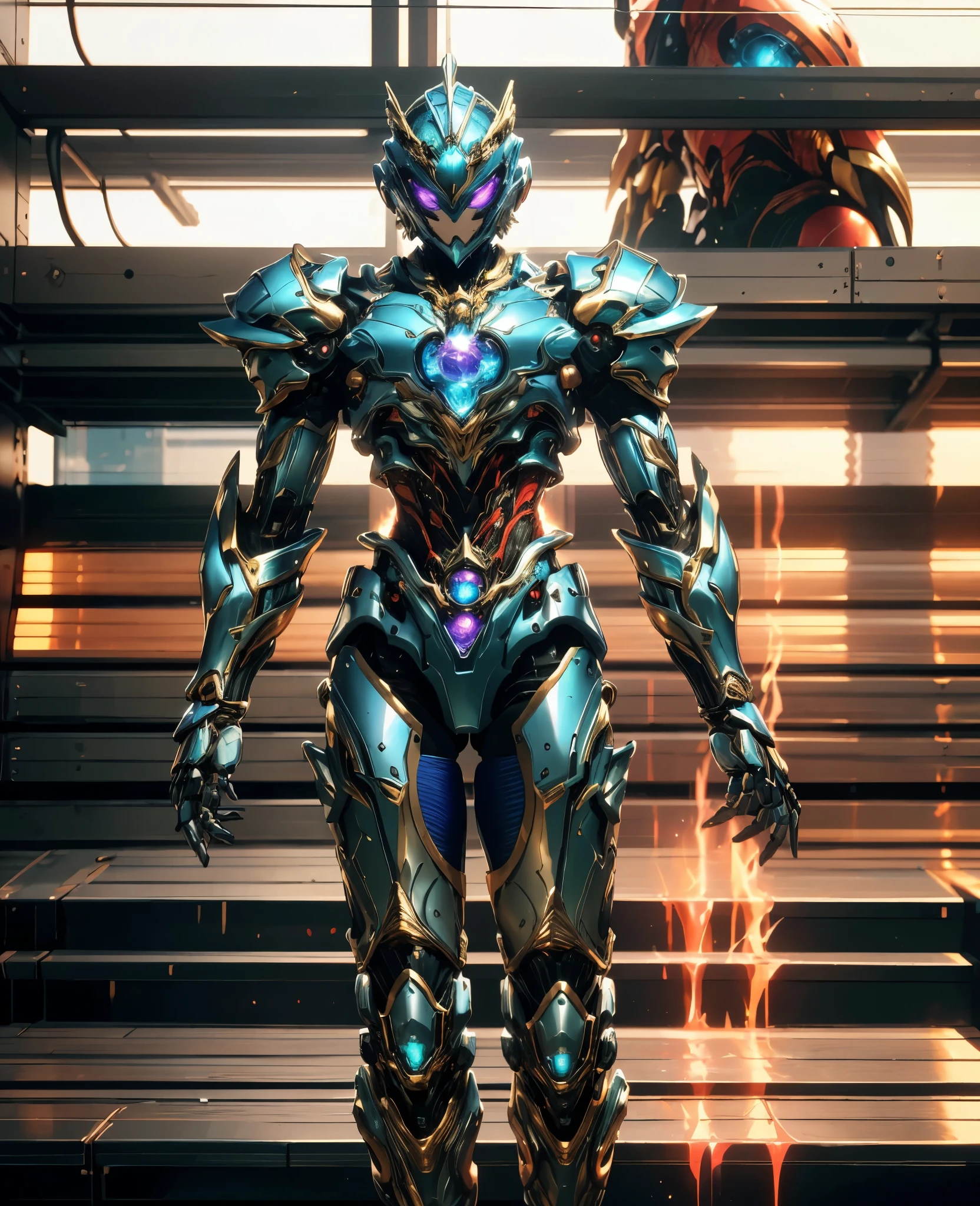 A woman adorned in fantasy-style full-body armor, a crown-concept fully enclosed helmet that unveils only her eyes, a composite layered chest plate, fully encompassing shoulder and hand guards, a lightweight waist armor, form-fitting shin guards, the overall design is heavy-duty yet flexible, (the armor gleams with a golden glow, complemented by red and blue accents), exhibiting a noble aura, she floats above a fantasy-surreal high-tech city, this character embodies a finely crafted fantasy-surreal style armored hero in anime style, exquisite and mature manga art style, (Spider Concept Armor, plasma, blood), ((Element, bio mecha, long legs, elegant, goddess, femminine:1.5)), metallic, high definition, best quality, highres, ultra-detailed, ultra-fine painting, extremely delicate, professional, anatomically correct, symmetrical face, extremely detailed eyes and face, high quality eyes, creativity, RAW photo, UHD, 32k, Natural light, cinematic lighting, masterpiece-anatomy-perfect, masterpiece:1.5