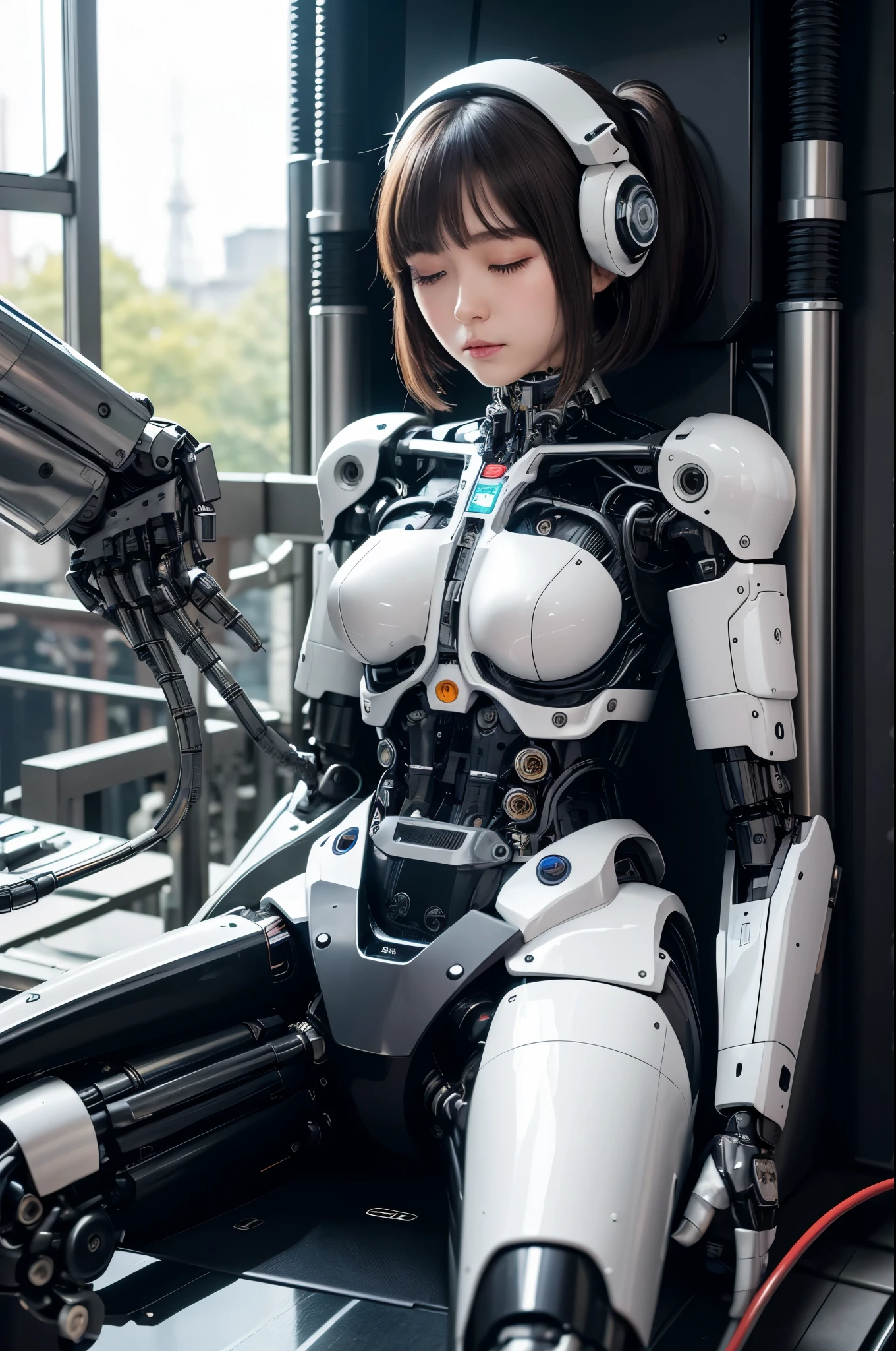masterpiece, best quality, extremely detailed, Japaese android girl,Plump , control panels,android,Droid,Mechanical Hand, Robot arms and legs,Blunt bangs,perfect robot girl,long tube,thick cable connected her neck,android,robot,humanoid,cyborg,japanese cyborg girl ,future laboratory,robot laboratory,maintenance,connecting a cable between the legs,skirt, She is charging now,（sleep mode:1.5）（closing eyes:1.5）