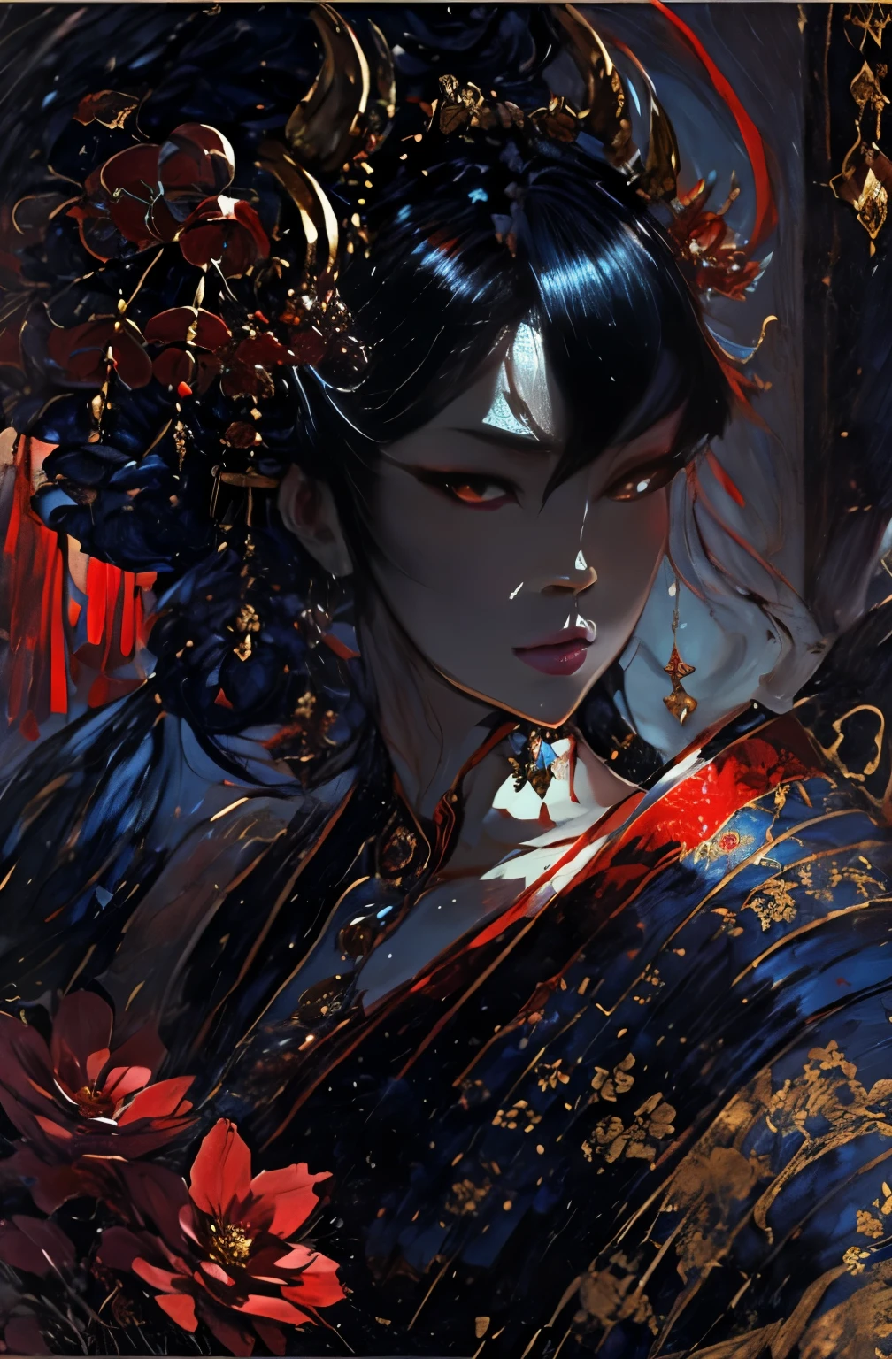 beautiful demon painting, 拳gunを持った鬼の女, strong female samurai, 2book corner, mouth with fangs, Eyes without pupils, gambling, Kumatori, Hyakka Ryōran, Flower of Shura, Looks like he's in his late 20s, beautiful black haired demon, sharp beauty, Beautiful red kimono, Oiran, highest ranking woman, Ghost Girl, Female Yakuza, Doji Ibaraki, Shuten Douji, Inspired by Chen Yifei, Inspired by Francesco Hayez, Inspired by Hendrik Terbruggen, Jean=Works that influenced Auguste Dominique Ingres, Inspired by Liu Jun, Jean=Works that influenced Auguste Dominique Ingres, highest quality, perfect angle, perfect composition, The perfect subject, best shot, official art, cinematic light, figurative art, Beautiful and expressive paintings, Beautiful artwork illustration, wonderful, cool beauty, clear, Mysterious, highest quality, official art, perfect composition, perfect angle, best shot, women only, sharp outline, pretty much beautiful face, The demon lurking in the darkness of Kyoto, Lord of Chimi-Mourou, A ruthless demon woman, demon queen, Female Yakuza, full body tattoo, Chaka, gun, wide, Rashomon, SakuraFubuki, Please refrain from, I'll let you die, raid, Located in Oryu, Shura Road, demon gambler, Tekkaba