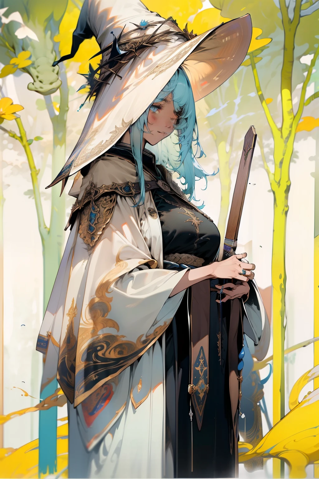 (best quality,4k,8k,highres,masterpiece:1.2) female elf, witch, beautiful, large hat, cloak, large breasts