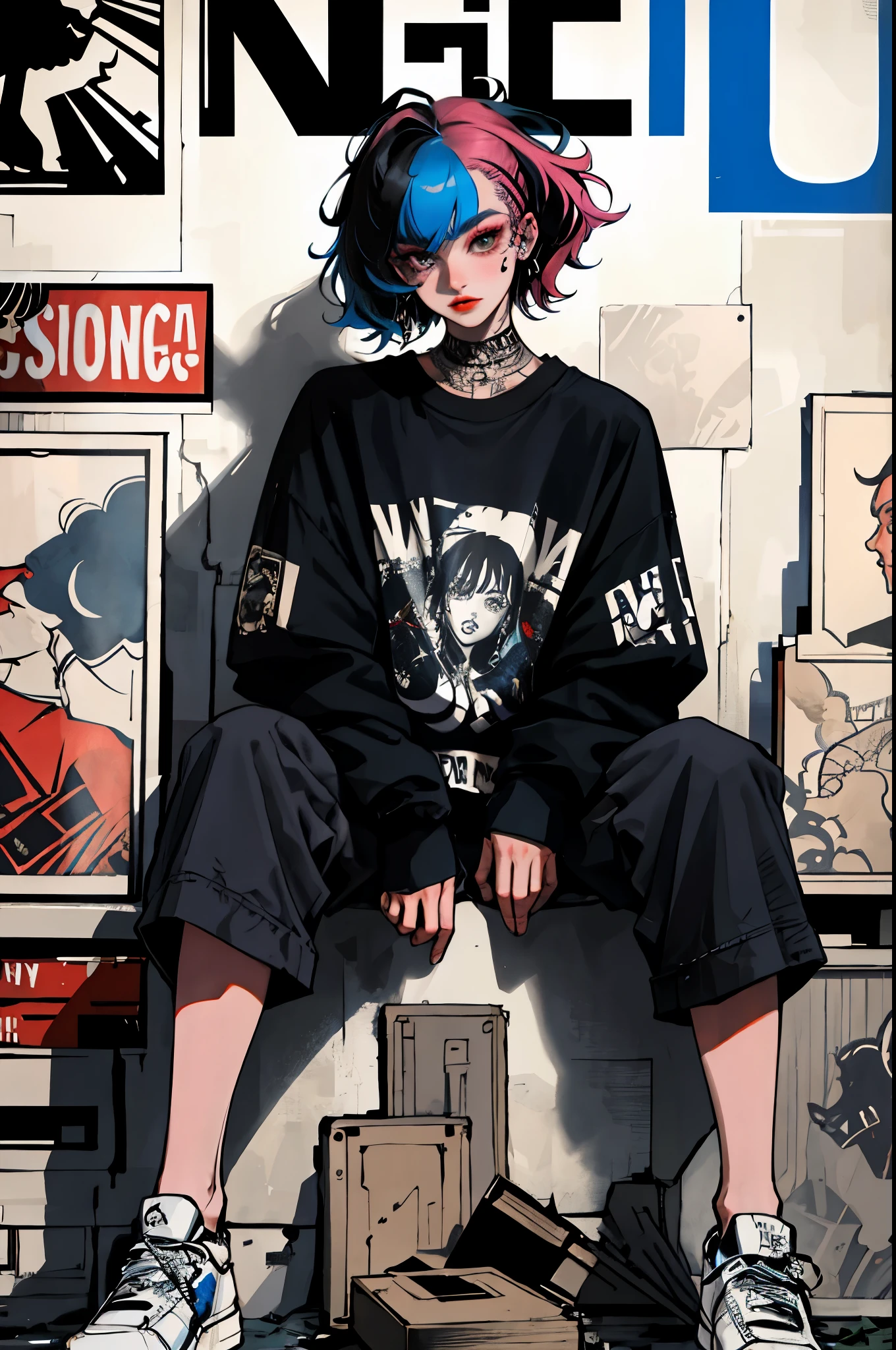 (masterpiece: 1.2, best quality), (real picture, intricate details), (1lady, solo, upper body, big tits) Clothing: sharp, stylish, cool, fashionable, non-standard, avant-garde, experimental Appearance: shaved head or bold hair color, spectacular makeup, unconventional fashion choices, tattoos on the arms Behavior: rebellious, non-conformist, provocative Venue: Urban Art District, Underground Music Scene Hobbies: attending punk shows, creating art in mixed media, experimenting with different subcultures Values: individuality, authenticity, creative expression Sources of inspiration: punk rock, counterculture icons, avant-garde art movements Character traits: bold, daring, non-standard.