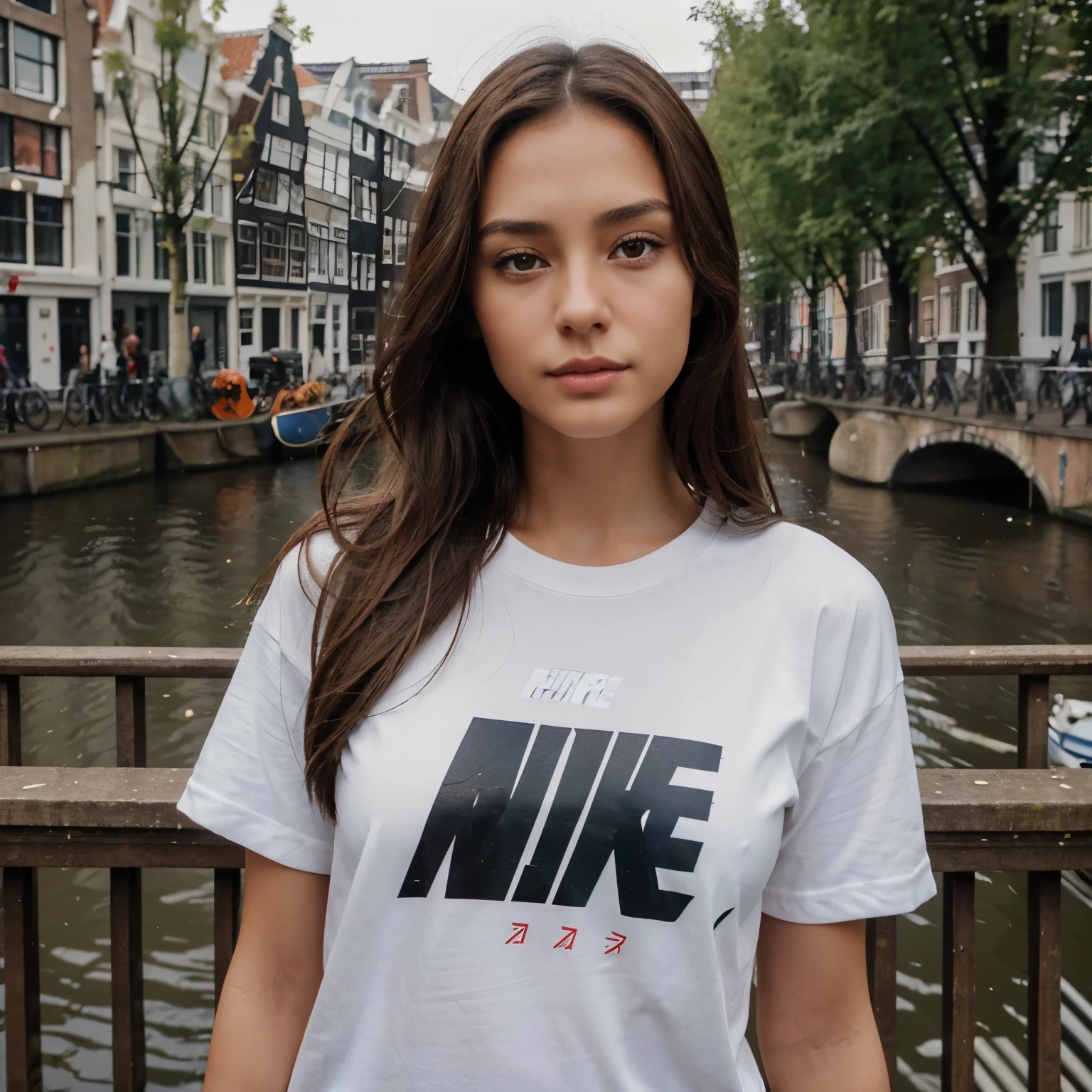 Create a beautiful girl 30 year old with long brown hair dark European eyes but tiny Bit Mongolian eye shape , beautiful lips but not too big, a bit sharp chin and skinny face and open smart forehead. She is wearing Nike t shirt, has size 80B , and she is standing on the bridge of Amsterdam canal