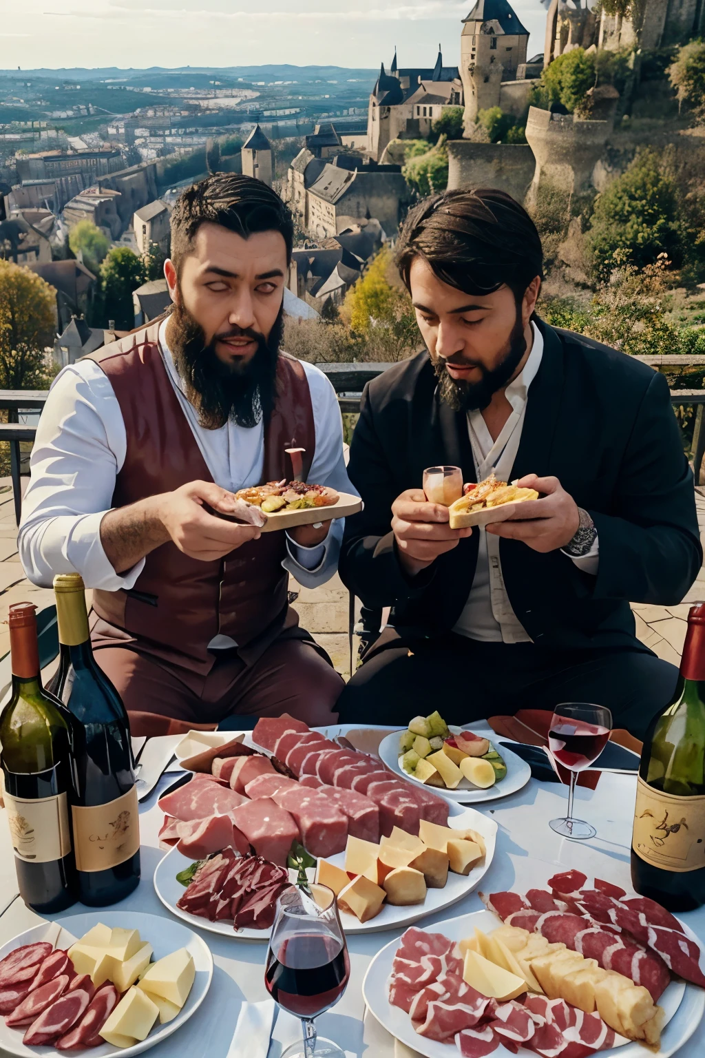 one blone man with blue eyes and one oriental bearded man eating raclette together. a lot of italian charcuterie and some nice bottles of wine. they sit on top of a luxembourgish castle enjoying the breathtaking views.