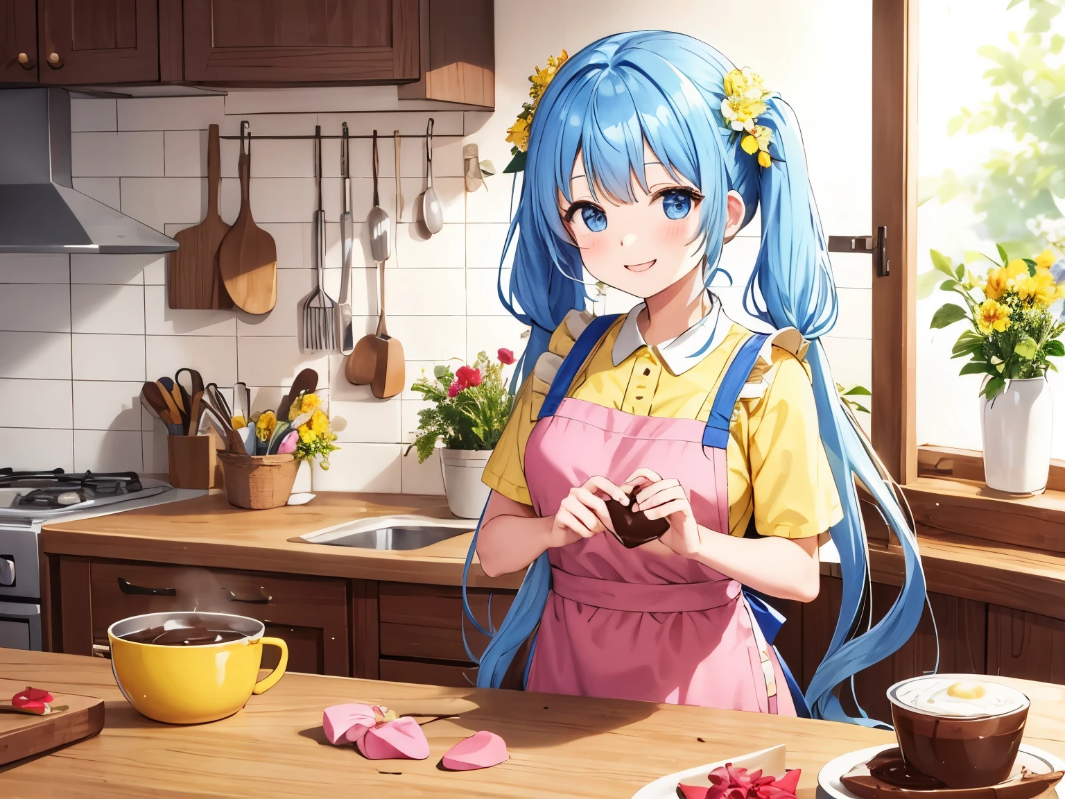 kitchen full of flowers、blue long hair、twin tails、A happy smile、yellow costume and floral apron、making chocolate for valentine、