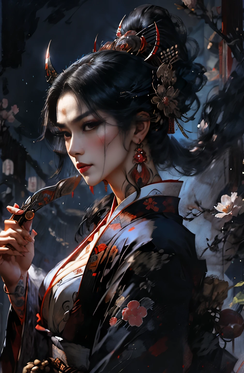 beautiful demon painting, knife剣を携えた鬼の女, knife, 妖knife, knife, strong female samurai, ２book corner, mouth with fangs, Eyes without pupils, gambling, Hyakka Ryōran, Flower of Shura, Looks like he&#39;s in his late 20s, beautiful black haired demon, sharp beauty, Beautiful red kimono, Oiran, highest ranking woman, Ghost Girl, Female Yakuza, Doji Ibaraki, Shuten Douji, Inspired by Chen Yifei, Inspired by Francesco Hayez, Inspired by Hendrik Terbruggen, Jean＝Works that influenced Auguste Dominique Ingres, Inspired by Liu Jun, Jean＝Works that influenced Auguste Dominique Ingres, highest quality, perfect angle, perfect composition, The perfect subject, best shot, official art, cinematic light, figurative art, Beautiful and expressive paintings, Beautiful artwork illustration, wonderful, cool beauty, clear, Mysterious, highest quality, official art, perfect composition, perfect angle, best shot, women only, sharp outline, pretty much beautiful face, The demon lurking in the darkness of Kyoto, Lord of Chimi-Mourou, A ruthless demon woman, demon queen, Female Yakuza, full body tattoo, Danbilla, 妖knife, wide, Rashomon