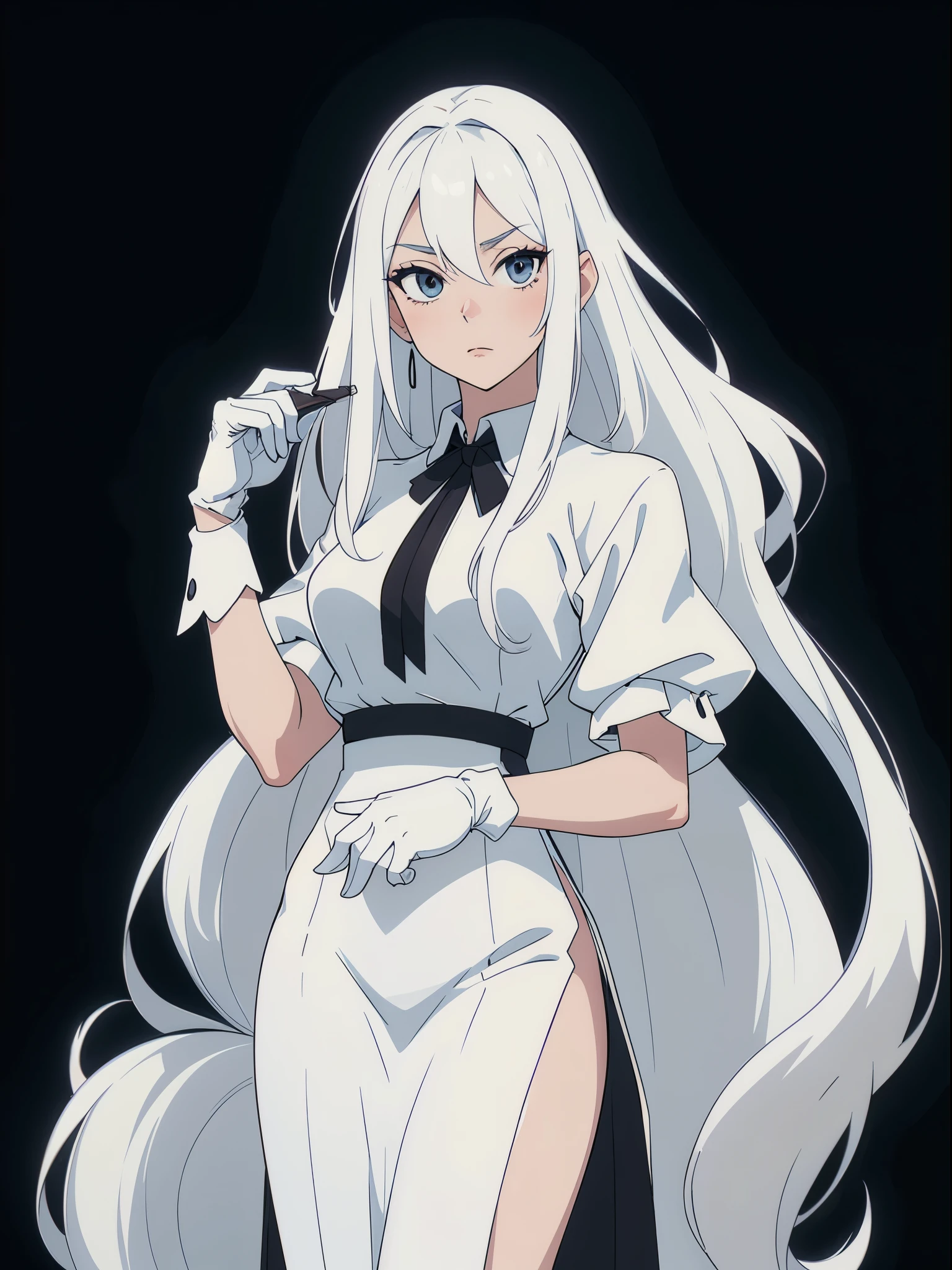 ((White hair)),((Head and Shoulders Image)),(super-long hair),Sexy,A person,Alone,Simple style,pancake ,Simple details,Black background,Empty background,Black background wall,(20 year old woman),(Droopy hair),(White Gloves),(Evening Gown),(Lace Shirt),Lace,(confidence)