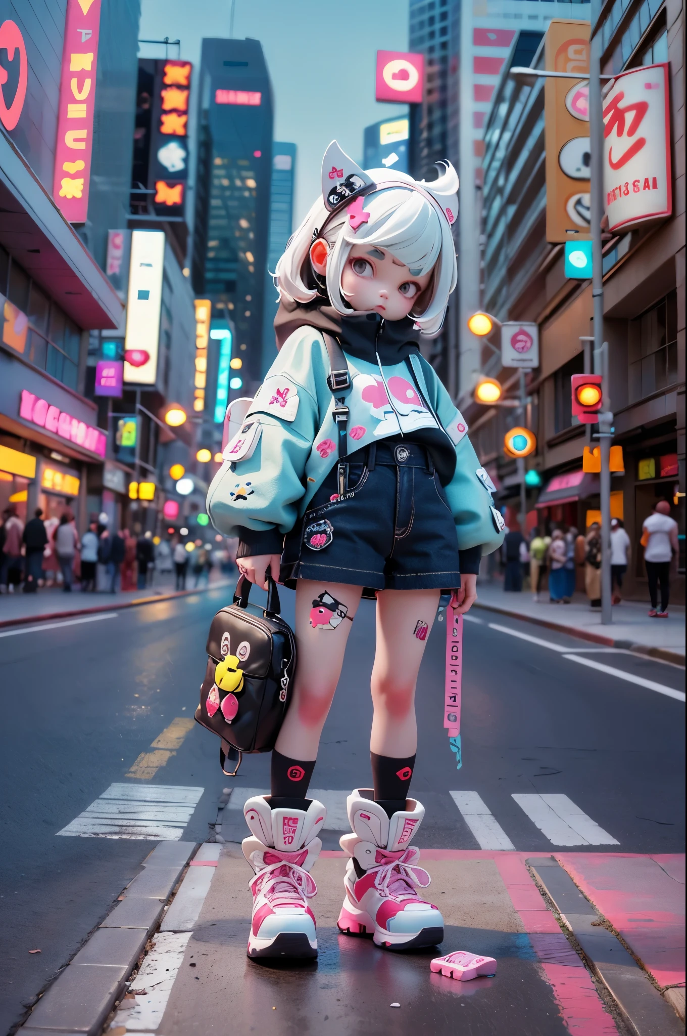 3D toys, Pixar,cyberpunk style, full body, 1 Cute little girl,big shoes, Nike shoes, candy color, simple and bright background, cinema4d, octane render, 3d model, collectible toys, streetstyle, fashion trends,  plastican00d