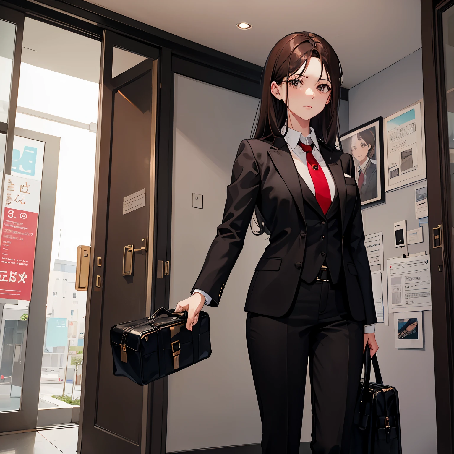 dark brown hair dark brown eyes black business suit red tie pants woman in her 30s black business bag very small breasts medium hair without bangs