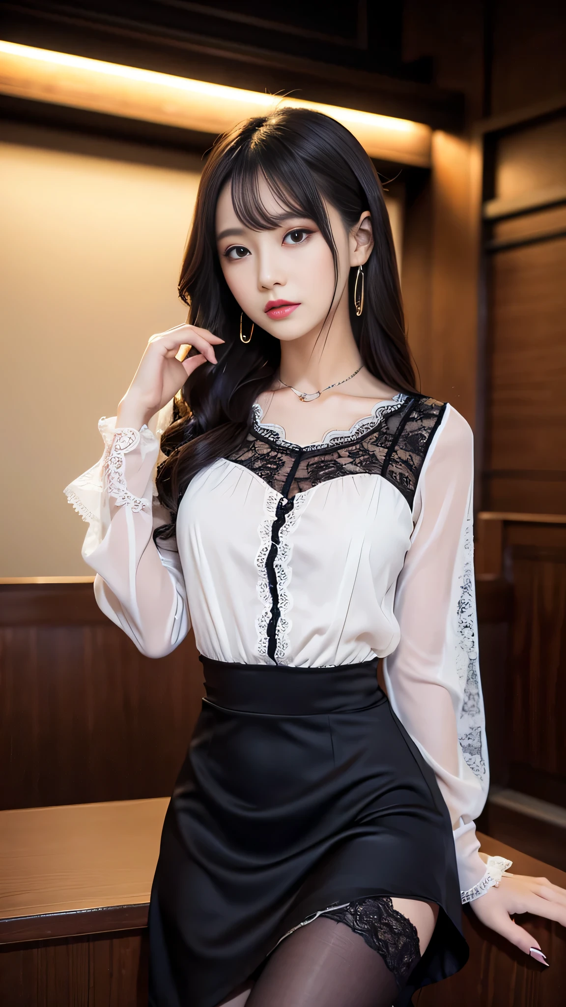 Super detailed、Japanese、charming beauty、seductive adult woman、Dainty woman、sharp eyes、cool girl、wavy hair、suit、Black chiffon、lacy fabric、wide sleeve、wearing a lace insert dress、white blouse、Tight Skirt、skin color pantyhose、Shiny legs、evilの幹部、evil depravity、brainwashing、Mind control、lipstick、grin、邪evilなな表情、evil、empty eyes、邪evilな、Church at night、reach out