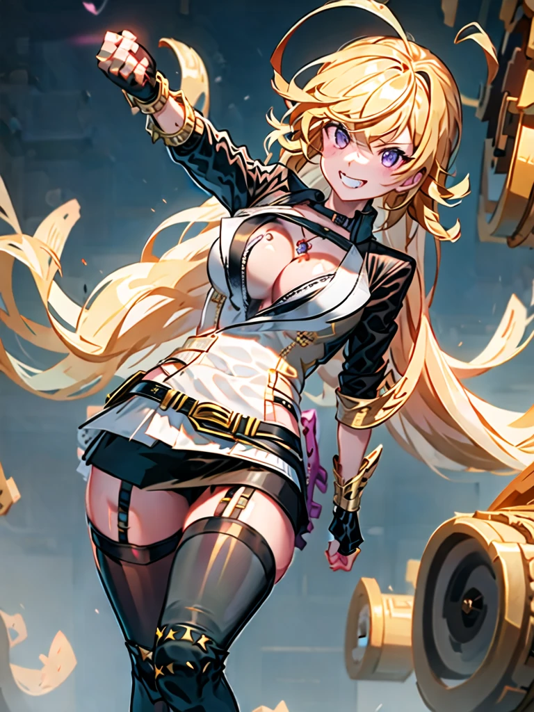 (fullbody), Huntress Yang, 1girl, solo, (ahoge:1), bangs, blonde hair, very long hair, (lilac eyes:1.), eyebrows visible through hair, hair between eyes, lips, teeth, (collarbone:1), (Pendant:1), (purple jewelry:1), jacket, (black sleeves:1), (black shoulders:1), unzipped, long sleeves, , (black tube top:1), medium breasts,underwear, (black belt:1.2), buckle, (purple fabric tied to the left side of belt:1), (golden gauntlets with shell casings:1.3), black fingerless gloves, nail polish, (black tight mini skirt:1.4), thighhighs, (golden fire stamp on each thigh), (garter straps:1), black legwear, cross-laced footwear, lace-up boots, (white laces on the back of boots:1.1), (standing:1.4), from below, (Clear white background:1.5). BREAK, (masutepiece:1.2), Best Quality, High resolution, Unity 8k壁纸, (Illustration:0.8), (Beautiful detailed eyes:1.2), extra detailed face, Perfect Lighting, extremely detailed CG,