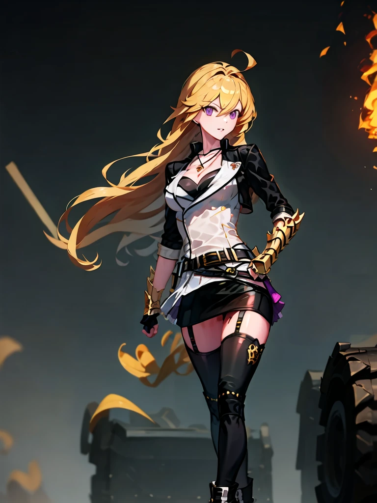 (fullbody), Huntress Yang, 1girl, solo, (ahoge:1), bangs, blonde hair, very long hair, (lilac eyes:1.), eyebrows visible through hair, hair between eyes, lips, teeth, (collarbone:1), (Pendant:1), (purple jewelry:1), jacket, (black sleeves:1), (black shoulders:1), unzipped, long sleeves, cleavage, (black tube top:1), medium breasts, black underwear, (black belt:1.2), buckle, (purple fabric tied to the left side of belt:1), (golden gauntlets with shell casings:1.3), black fingerless gloves, nail polish, (black tight mini skirt:1.4), thighhighs, (golden fire stamp on each thigh), (garter straps:1), black legwear, cross-laced footwear, lace-up boots, (white laces on the back of boots:1.1), (standing:1.4), from below, (Clear white background:1.5). BREAK, (masutepiece:1.2), Best Quality, High resolution, Unity 8k壁纸, (Illustration:0.8), (Beautiful detailed eyes:1.2), extra detailed face, Perfect Lighting, extremely detailed CG,