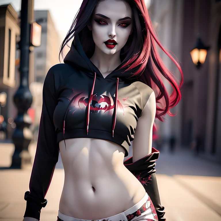 Create a hauntingly beautiful rebellious vampire girl with pale grey skin and deep red lips showing (2 vampire incisor fangs pressed against her bottom lip) wearing modern urban clothing (hoodie(plain, no print:1.5), crop-topshirt(plain, no print:1.5), hip-hop style). Envision her with the elegance reminiscent of a modern-day masterpiece, embodying both allure and strength. Picture her as a blend of a vampire with mesmerizing red eyes and (2 sharp fangs protruding from her mouth and pressing against her bottom lip), akin to the allure of the night. Adorned in modern casual clothing, she emanates an aura of mysterious power. Her figure should dominate the artwork, depicted in a captivating stance as she locks eyes with the viewer, her crimson aura intertwining with the shadows that envelop her. Let her essence be defined by the ethereal fluidity of darkness, each detail meticulously crafted to convey the majesty of her vampiric prowess. Absurd resolution, top quality, and high detail are essential to capture the essence of this mesmerizing scene, 8K, full face:1.5, vibrant, powerful, (captivating eyes:1.2), captivating gaze, long hair, 1girl, (half body:1.3), insane details, (half-body:1.3), sexy, Realistic, RAW photo,(masterpiece:1.3), (best quality:1.3), official art, Super Detailed, High Detail, Soft Lighting, 8K, High Resolution, High Detail Skin, Perfect Skin, RAM Photo, Real Photo,