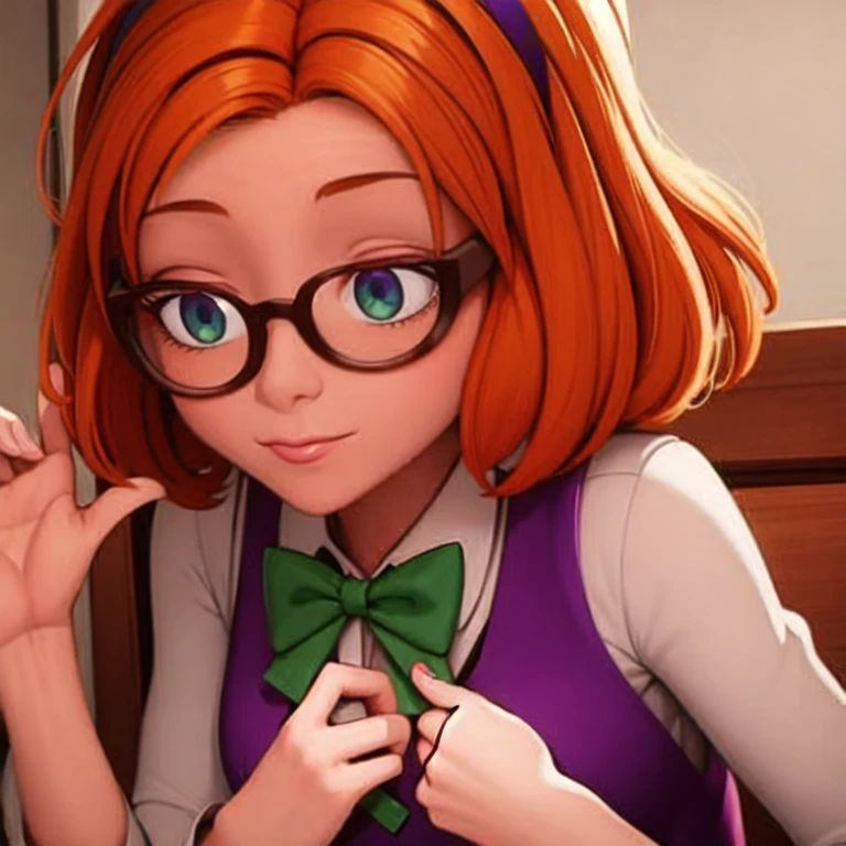 (masterpiece, best quality:1.2), 1girl, solo orange hair, thick-rimmed dark purple glasses. ,a white long-sleeved dress shirt underneath a dark and lime green, and cadet blue diamond checkered sweater vest, along with a black bow attached to her dress shirt collar.