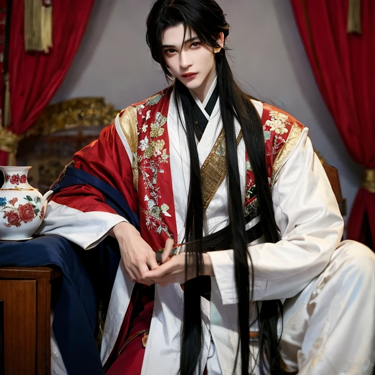 1boy,black hair,long hair,chinese clothes,wihte cloth,