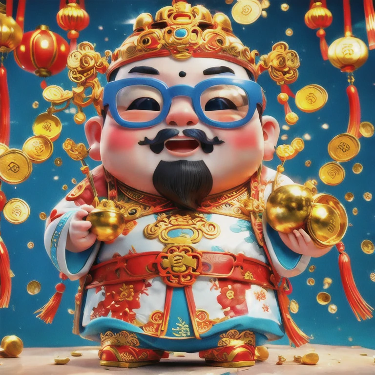 1 Cute Chinese God of Wealth, Wearing cool glasses, Pixar style, White background