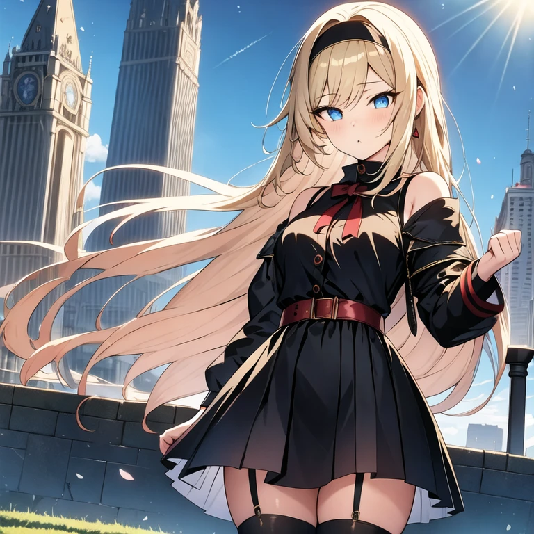 (masterpiece, best quality:1.2), 1girl, solo, blond hair, blue eyes, black and red dress, gothic, black hairband, city scape, idol, bright eyes,anime girl, an anime drawing by Puru, pixiv, realism, blonde anime girl with long hair, anime girl with long hair, asuna yuuki, (anime girl), anime girl named lucy, ilya kuvshinov with long hair, anime visual of a cute girl, female anime character, 1girl,blond hairbl,with (medium) coiled hair, (hair on shoulder), ((black) headband), long white stockings,,Fleet style, bright eyes, , meium height, medium body weight, very big eyes, detailed, mature, sensitive, heart in eyes, (no long hair), light blush, no extra girls, small breasts