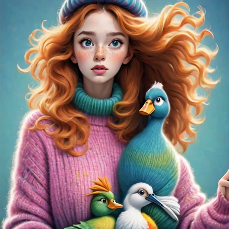 (best quality,4k,8k,highres,masterpiece:1.2),ultra-detailed,(realistic,photorealistic,photo-realistic:1.37),unique style,cute girl sitting,long neck,large head,exaggerated hair,fluffy hair,small freckles,exaggerated expression,surreal,duck egg green sweater with small dots,details,horsehair,fluffy,socks,clean background,hand-drawn style,pencil drawing,cute,flowing lines,clean and crisp outlines,clean composition,Cats, dogs, birds, dots, small dots, solid colors, hats,
