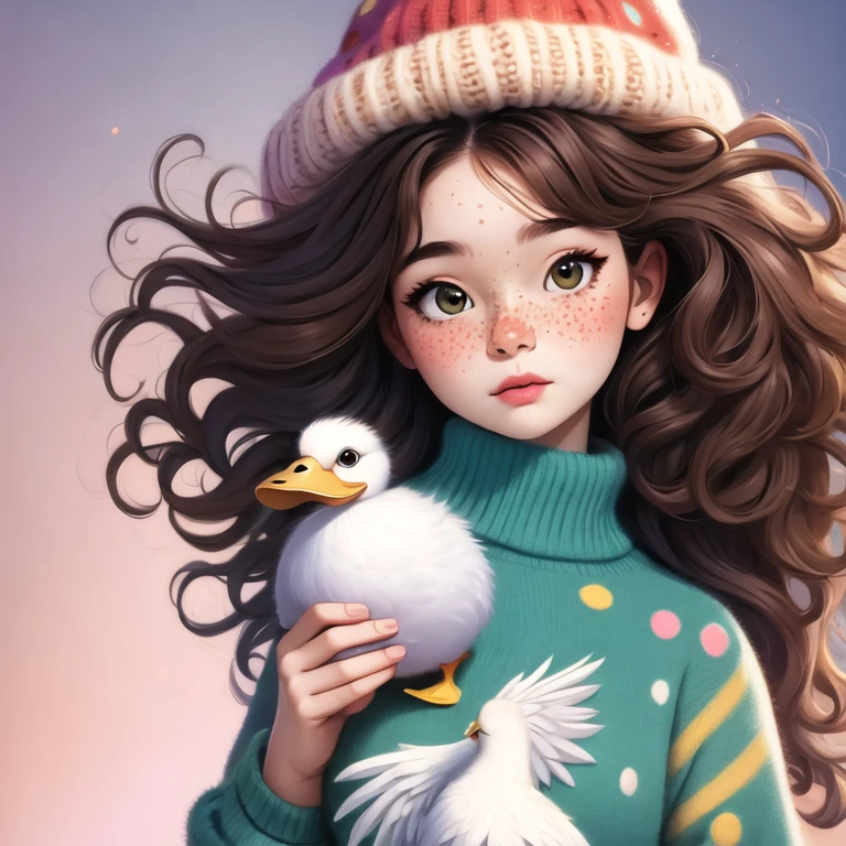 (best quality,4k,8k,highres,masterpiece:1.2),ultra-detailed,(realistic,photorealistic,photo-realistic:1.37),unique style,cute girl sitting,long neck,large head,exaggerated hair,fluffy hair,small freckles,exaggerated expression,surreal,duck egg green sweater with small dots,details,horsehair,fluffy,socks,clean background,hand-drawn style,pencil drawing,cute,flowing lines,clean and crisp outlines,clean composition，Cats, dogs, birds, dots, small dots, solid colors, hats, 