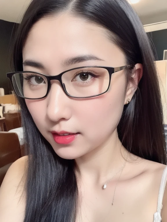 (realistic、masterpiece、Best Quality、8K、highres、high resolution:1.3)、1 girl、Big breasts、glasses、white bikini、looking at viewers、super fine face and eyes、long hair、 exposed cleavage、upper body、