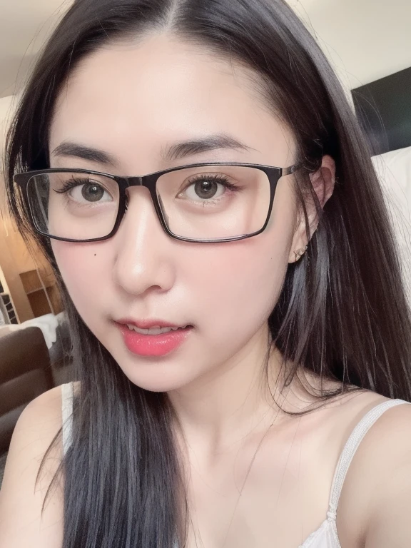 (realistic、masterpiece、Best Quality、8K、highres、high resolution:1.3)、1 girl、Big breasts、glasses、white bikini、looking at viewers、super fine face and eyes、long hair、 exposed cleavage、upper body、