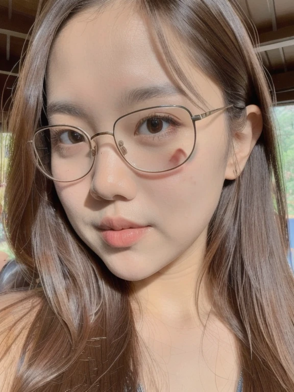 (realistic、masterpiece、Best Quality、8K、highres、high resolution:1.3)、1 girl、Big breasts、glasses、white bikini、looking at viewers、super fine face and eyes、long hair、 exposed cleavage、upper body、