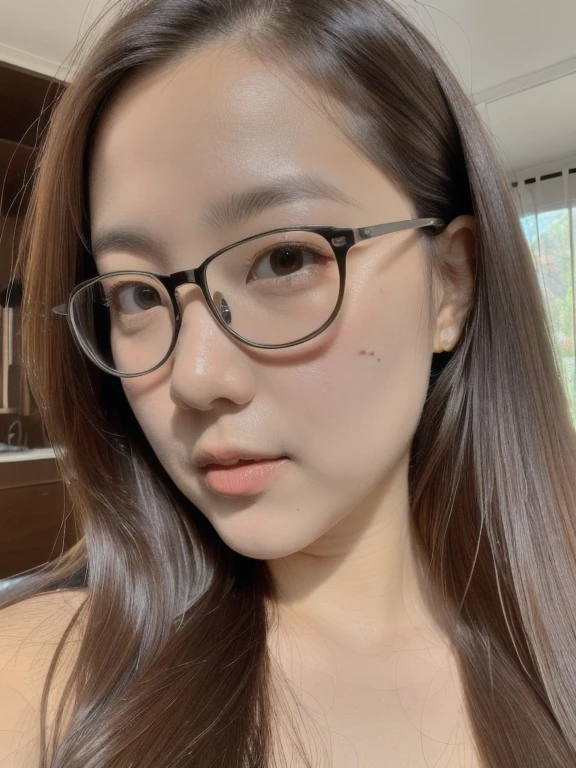 (realistic、masterpiece、Best Quality、8K、highres、high resolution:1.3)、1 girl、Big breasts、glasses、white bikini、looking at viewers、super fine face and eyes、long hair、 exposed cleavage、upper body、