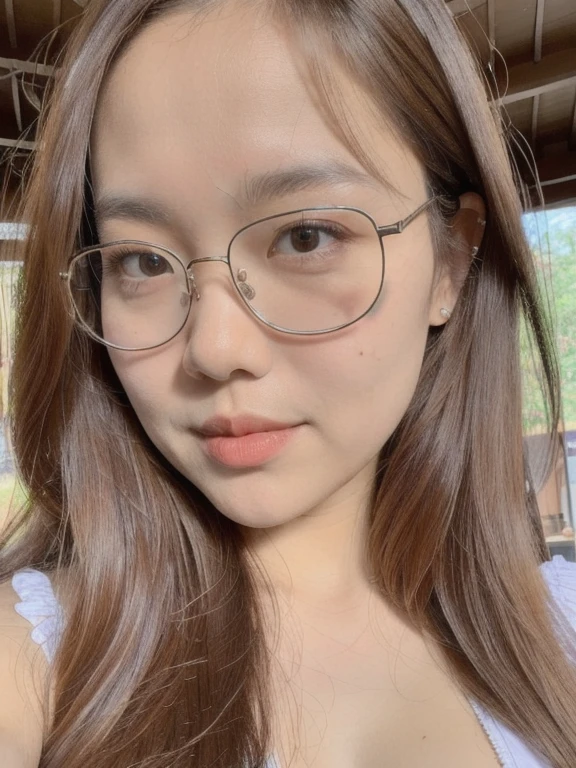 (realistic、masterpiece、Best Quality、8K、highres、high resolution:1.3)、1 girl、Big breasts、glasses、white bikini、looking at viewers、super fine face and eyes、long hair、 exposed cleavage、upper body、