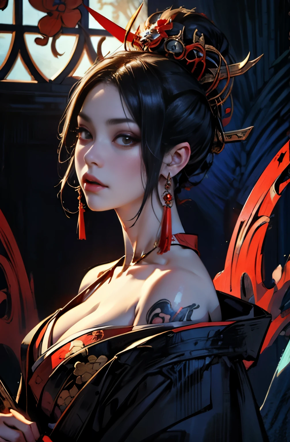 beautiful demon painting, knife剣を携えた鬼の女, knife, 妖knife, knife, strong female samurai, 2book corner, mouth with fangs, Eyes without pupils, gambling, Hyakka Ryōran, Flower of Shura, beautiful black haired demon, sharp beauty, Beautiful red kimono, Oiran, highest ranking woman, Ghost Girl, Female Yakuza, Doji Ibaraki, Shuten Douji, Inspired by Chen Yifei, Inspired by Francesco Hayez, Inspired by Hendrik Terbruggen, Jean=Works that influenced Auguste Dominique Ingres, Inspired by Liu Jun, Jean=Works that influenced Auguste Dominique Ingres, highest quality, perfect angle, perfect composition, The perfect subject, best shot, official art, cinematic light, figurative art, Beautiful and expressive paintings, Beautiful artwork illustration, wonderful, cool beauty, clear, Mysterious, highest quality, official art, perfect composition, perfect angle, best shot, women only, sharp outline, pretty much beautiful face, The demon lurking in the darkness of Kyoto, Lord of Chimi-Mourou, A ruthless demon woman, demon queen, Female Yakuza, full body tattoo, Danbilla, 妖knife, wide, Rashomon