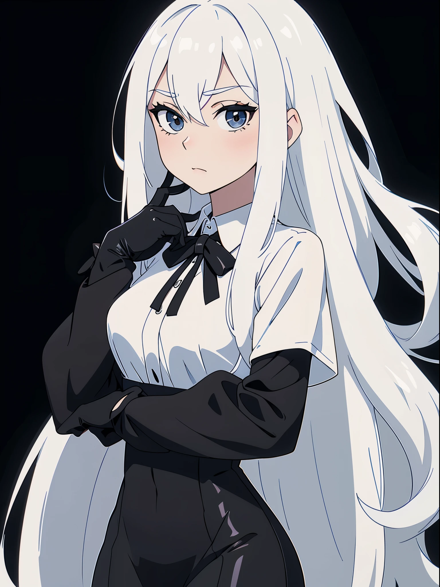((White hair)),((Head and Shoulders Image)),(super-long hair),Sexy,A person,Alone,Simple style,pancake ,Simple details,Black background,Empty background,Black background wall,(20 year old woman),(Droopy hair),(White Gloves),(Evening Gown),(Lace Shirt),Lace,(confidence)