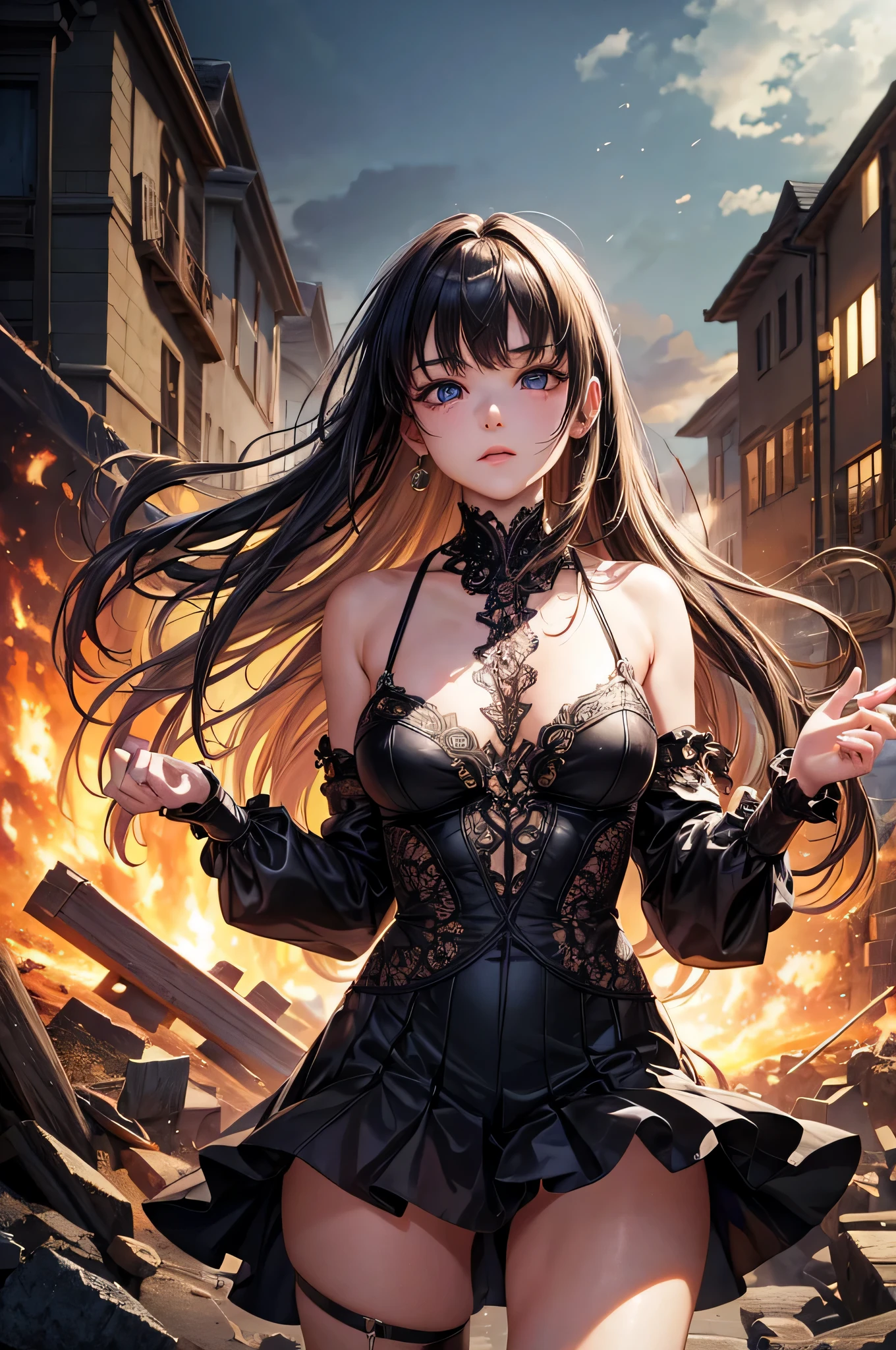 The ultimate masterpiece, Ultimate Top Quality, Ultimate High Resolution, dramatic and highly detailed, ultimate realistic, Surreal high resolution backgrounds, cinematic lighting, earthquake, house collapses, 1 girl, difficult, ultra high definition characters, very long hair, cute顔, cute, , Glossy skin, ultimate detailed eye, Clothing with low exposure, girl evacuating, girl running away desperately,